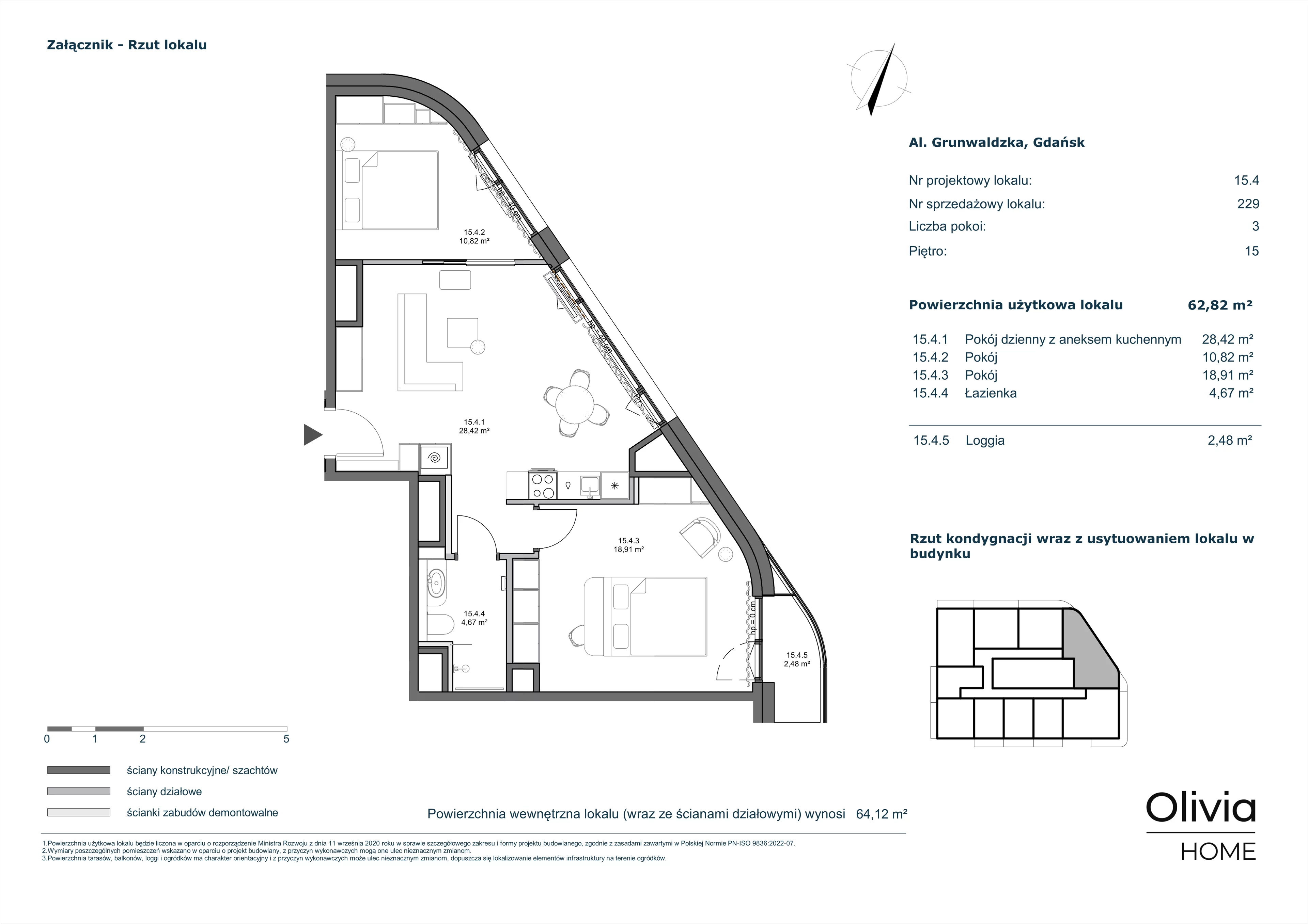 3 pokoje, mieszkanie 62,82 m², piętro 15, oferta nr 15.4, Olivia Pulse, Gdańsk, Oliwa, ul. Grunwaldzka