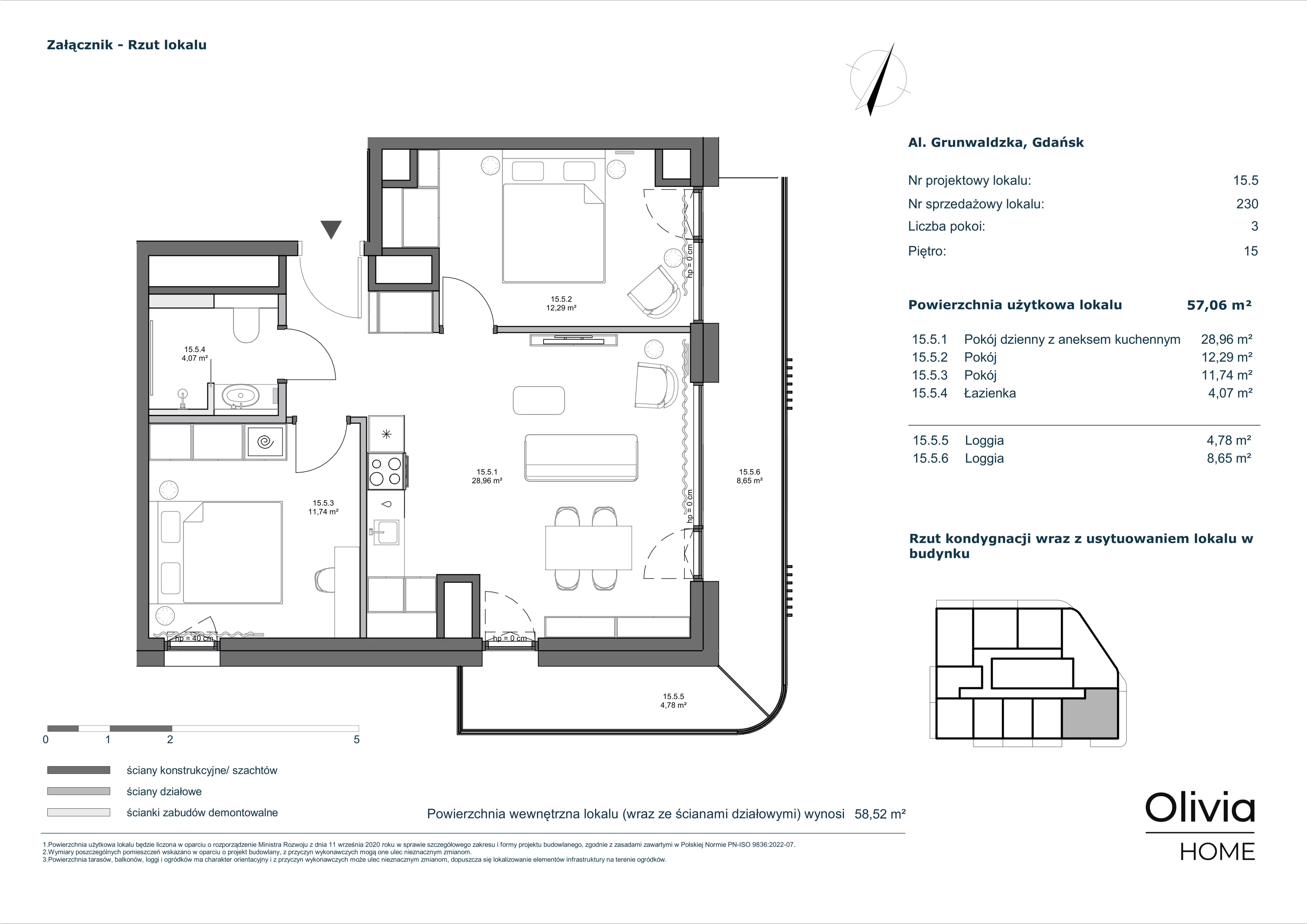 3 pokoje, mieszkanie 57,06 m², piętro 15, oferta nr 15.5, Olivia Pulse, Gdańsk, Oliwa, ul. Grunwaldzka