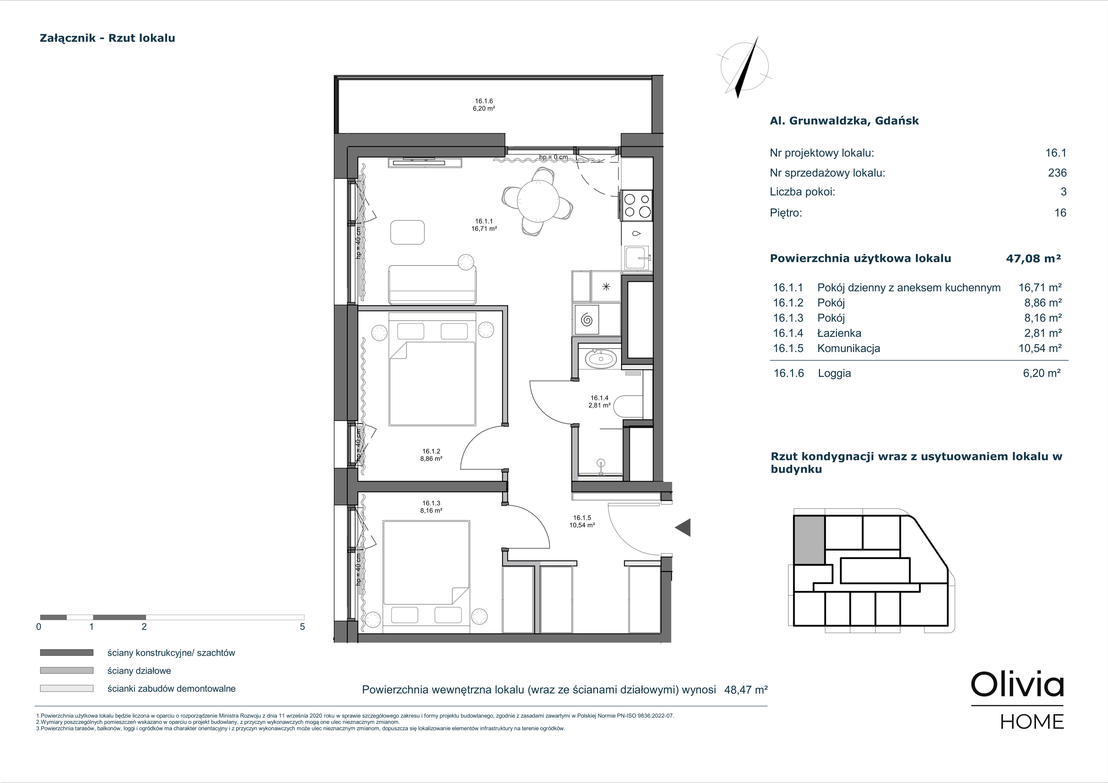 3 pokoje, mieszkanie 47,08 m², piętro 16, oferta nr 16.1, Olivia Pulse, Gdańsk, Oliwa, ul. Grunwaldzka