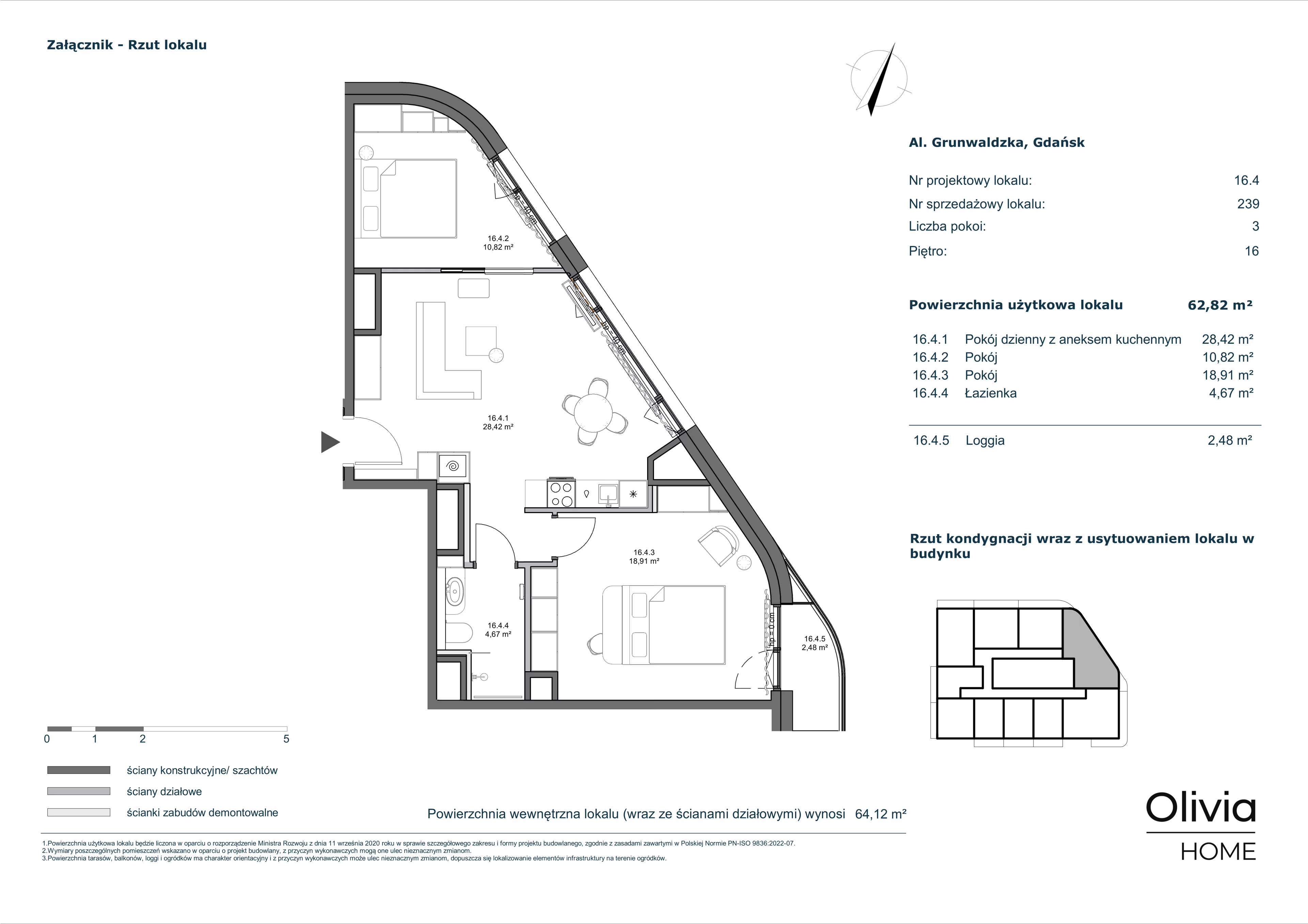 3 pokoje, mieszkanie 62,82 m², piętro 16, oferta nr 16.4, Olivia Pulse, Gdańsk, Oliwa, ul. Grunwaldzka