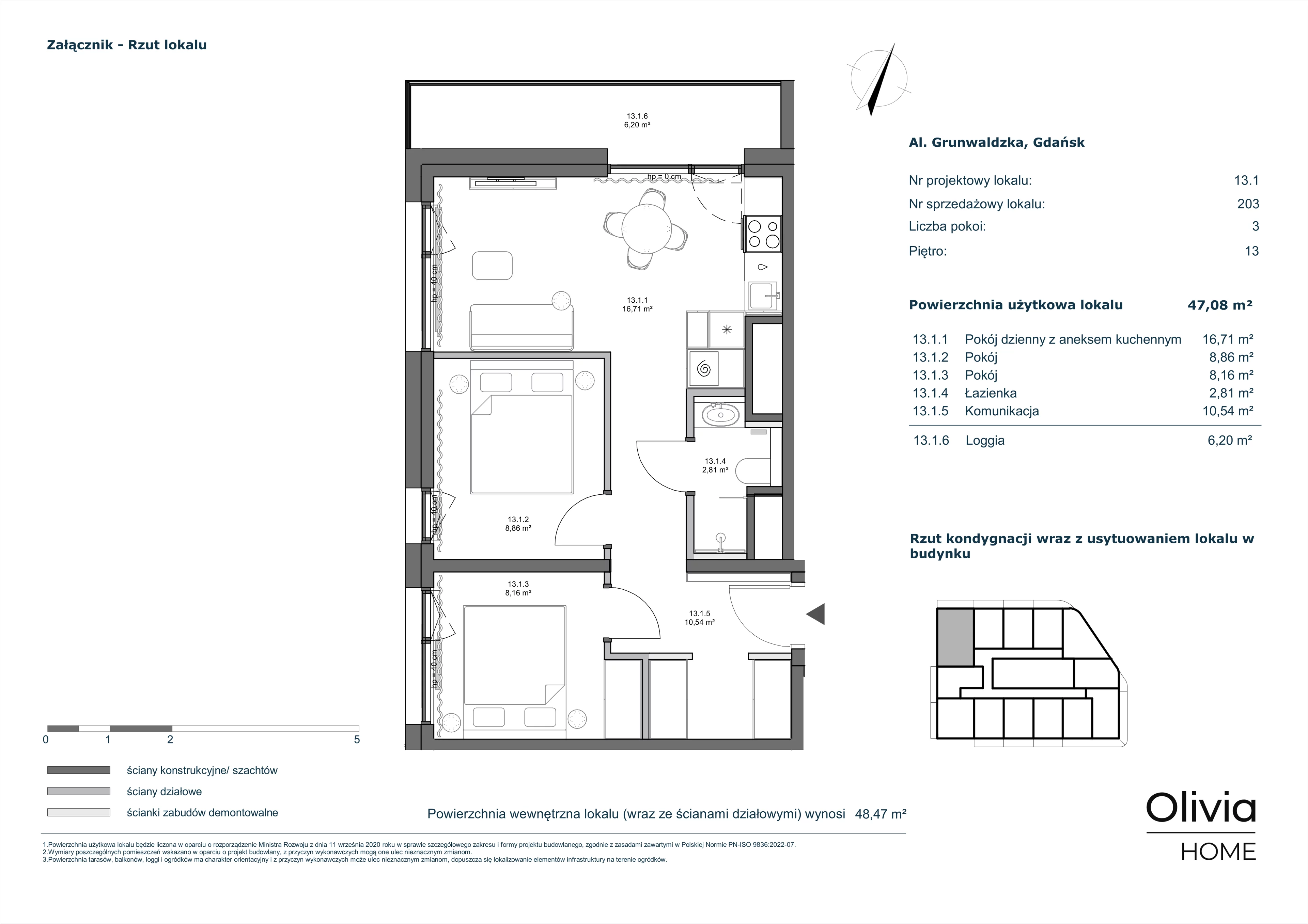 3 pokoje, apartament 47,08 m², piętro 13, oferta nr 13.1, Olivia Pulse, Gdańsk, Oliwa, ul. Grunwaldzka