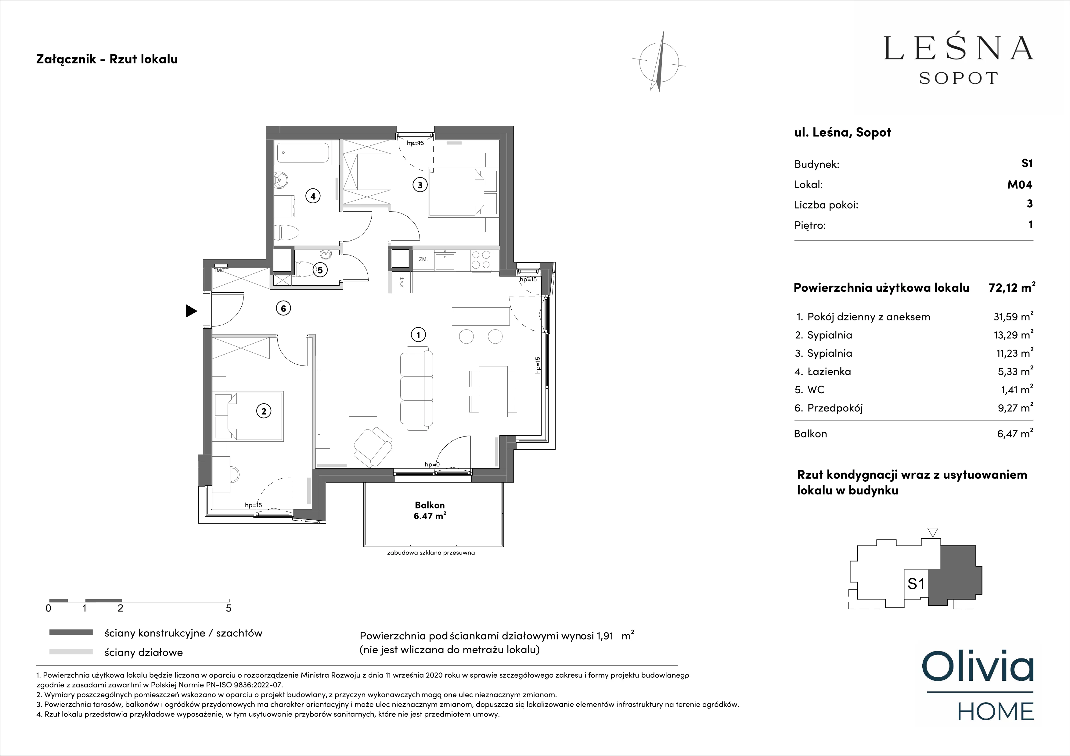 3 pokoje, mieszkanie 72,12 m², piętro 1, oferta nr s1.1.04, Leśna Sopot, Sopot, Świemirowo, ul. Leśna 13