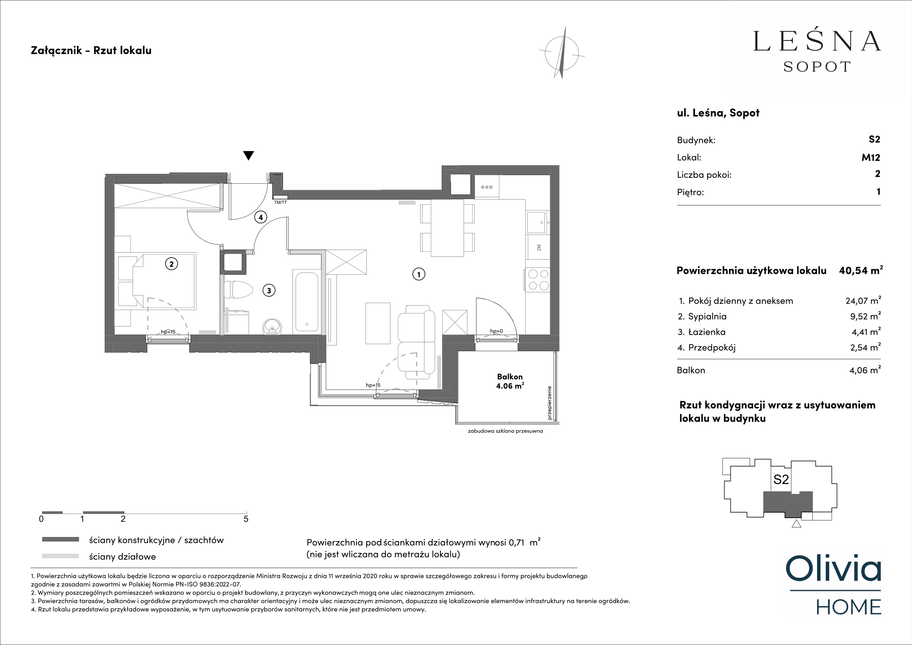 Apartament 40,54 m², piętro 1, oferta nr s2.1.12, Leśna Sopot, Sopot, Świemirowo, ul. Leśna 13