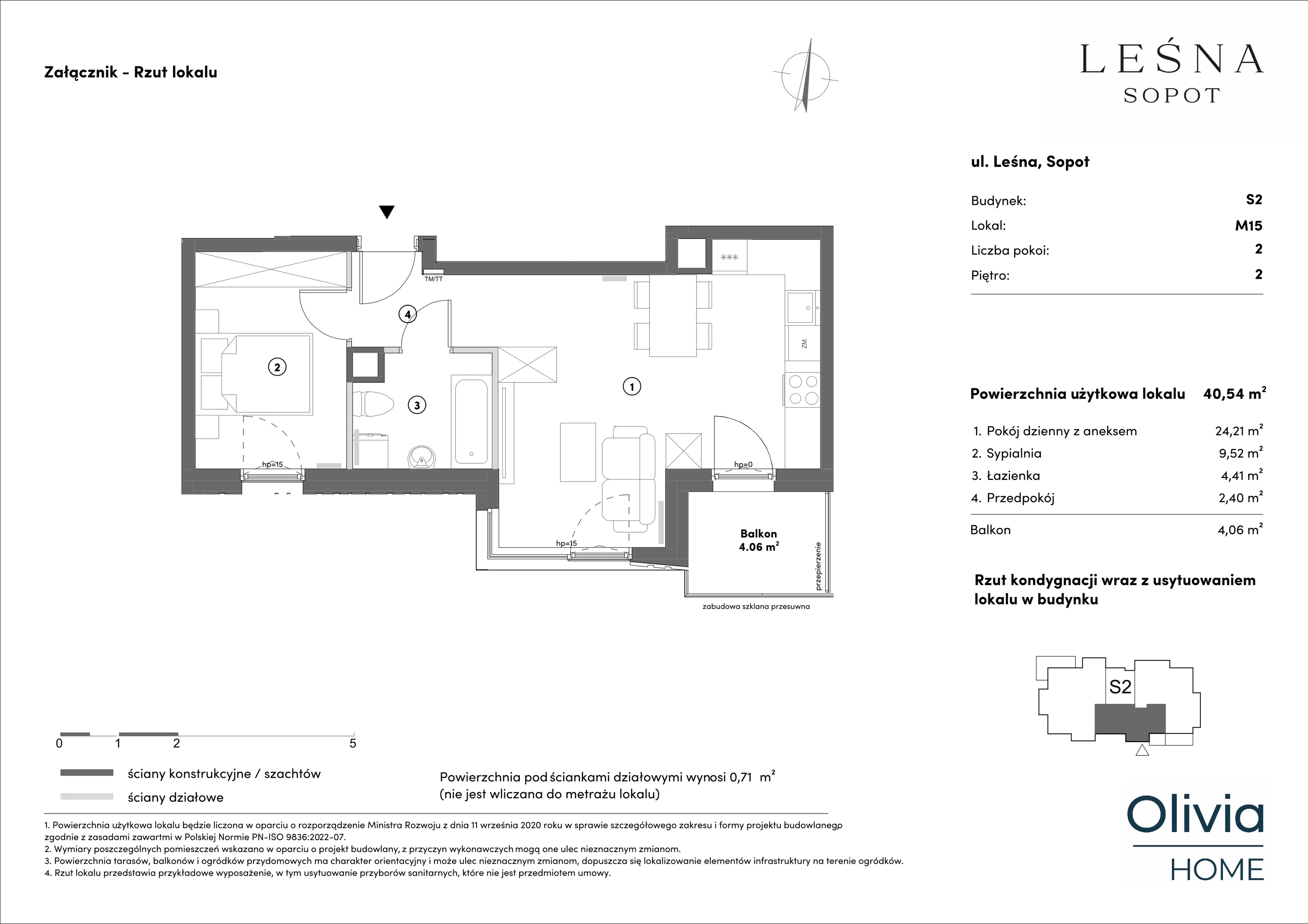 Apartament 40,54 m², piętro 2, oferta nr s2.2.15, Leśna Sopot, Sopot, Świemirowo, ul. Leśna 13