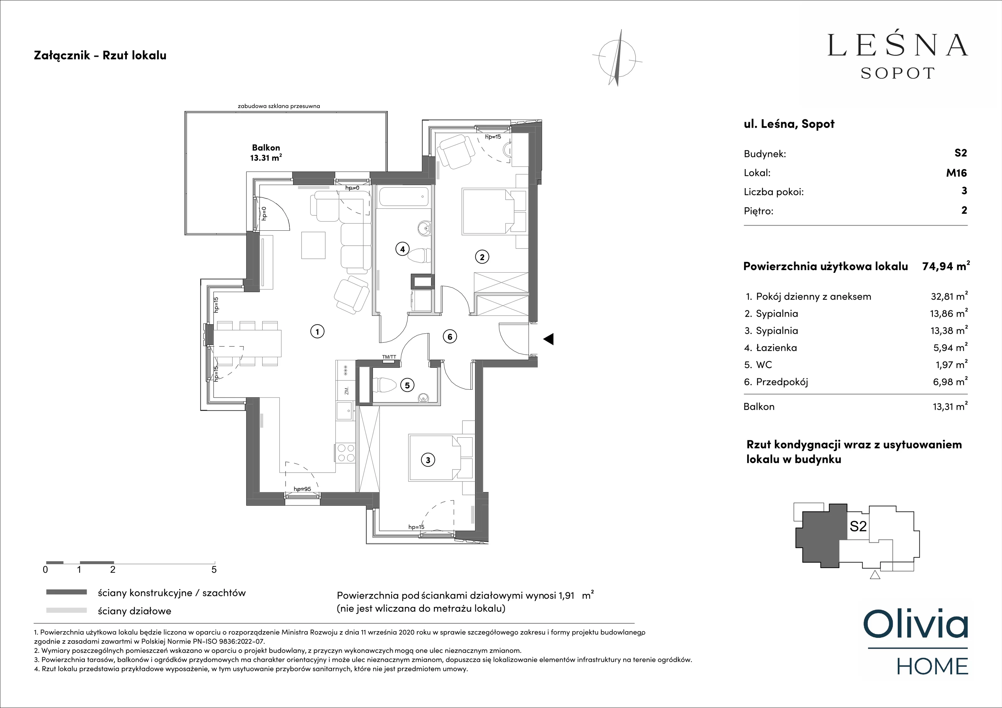 Apartament 74,94 m², piętro 2, oferta nr s2.2.16, Leśna Sopot, Sopot, Świemirowo, ul. Leśna 13