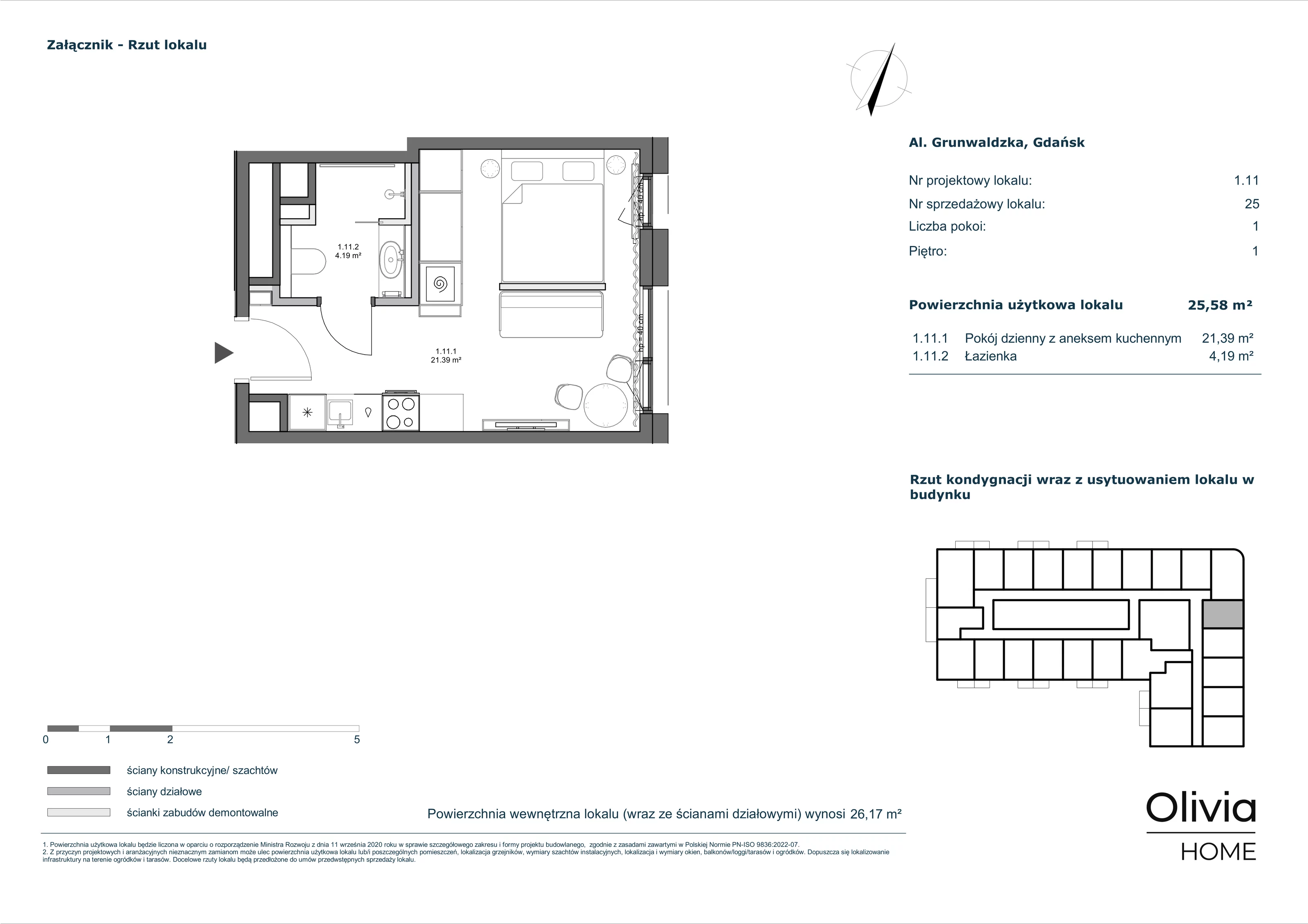 1 pokój, apartament inwestycyjny 25,58 m², piętro 1, oferta nr 1-M11, Olivia Pulse, Gdańsk, Oliwa, ul. Grunwaldzka