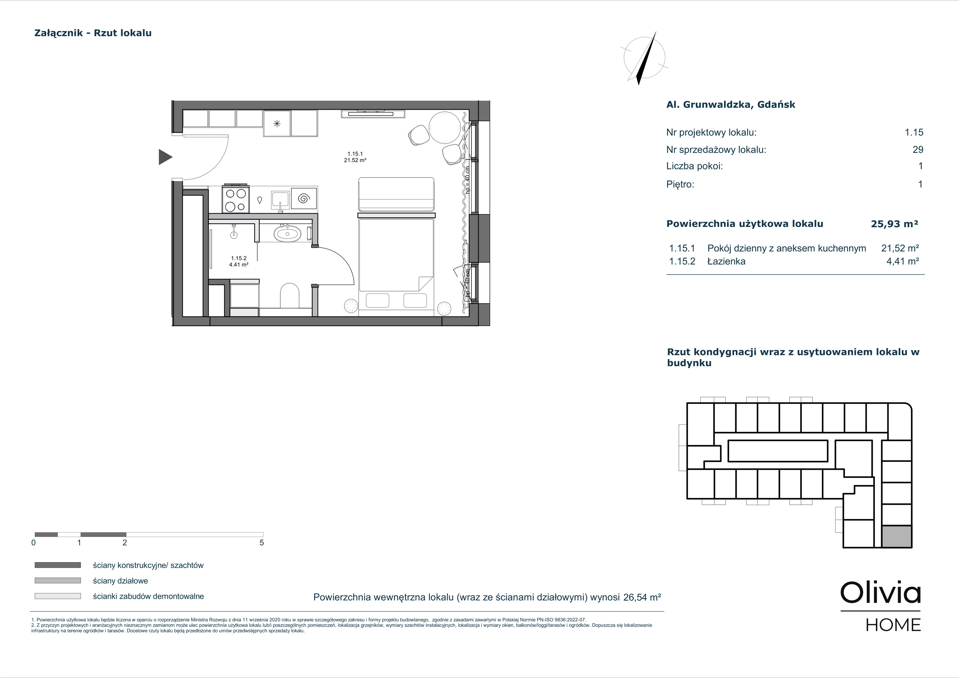 1 pokój, apartament inwestycyjny 25,93 m², piętro 1, oferta nr 1-M15, Olivia Pulse, Gdańsk, Oliwa, ul. Grunwaldzka