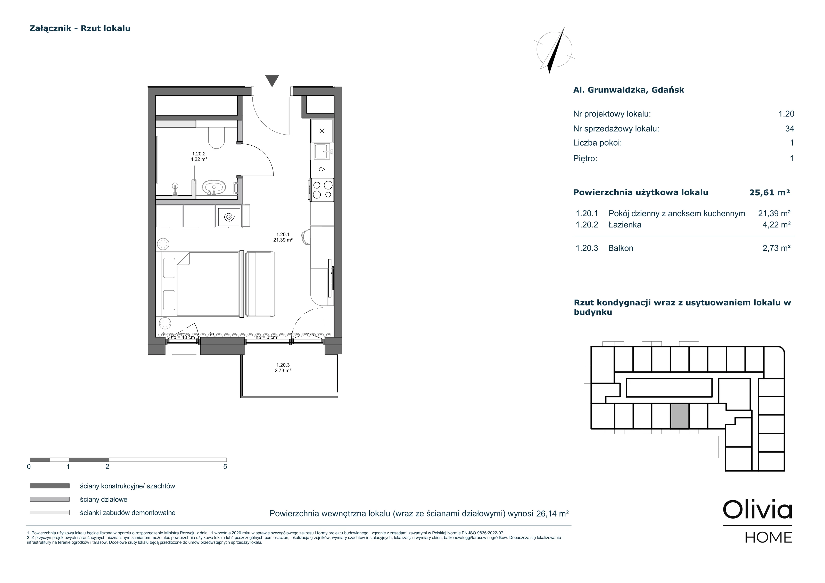 1 pokój, apartament inwestycyjny 25,61 m², piętro 1, oferta nr 1-M20, Olivia Pulse, Gdańsk, Oliwa, ul. Grunwaldzka