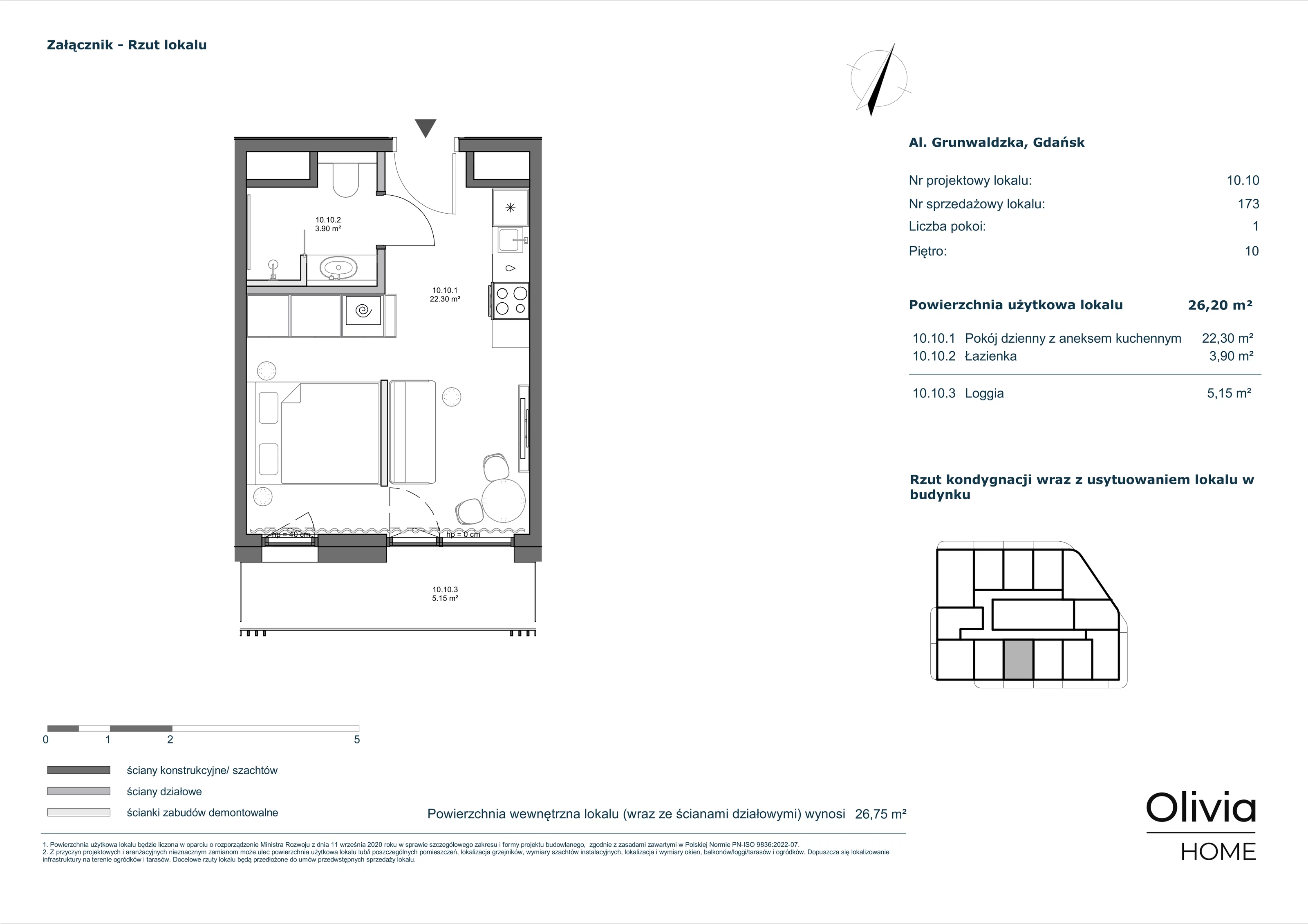 1 pokój, apartament inwestycyjny 26,20 m², piętro 10, oferta nr 10-M10, Olivia Pulse, Gdańsk, Oliwa, ul. Grunwaldzka