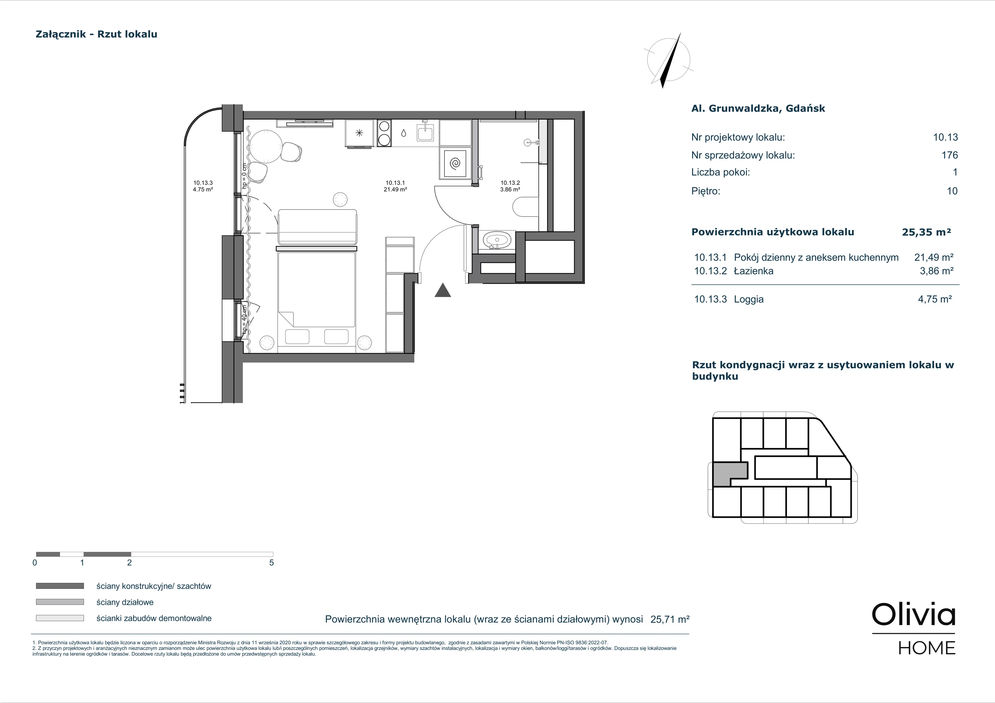 1 pokój, apartament inwestycyjny 25,35 m², piętro 10, oferta nr 10-M13, Olivia Pulse, Gdańsk, Oliwa, ul. Grunwaldzka