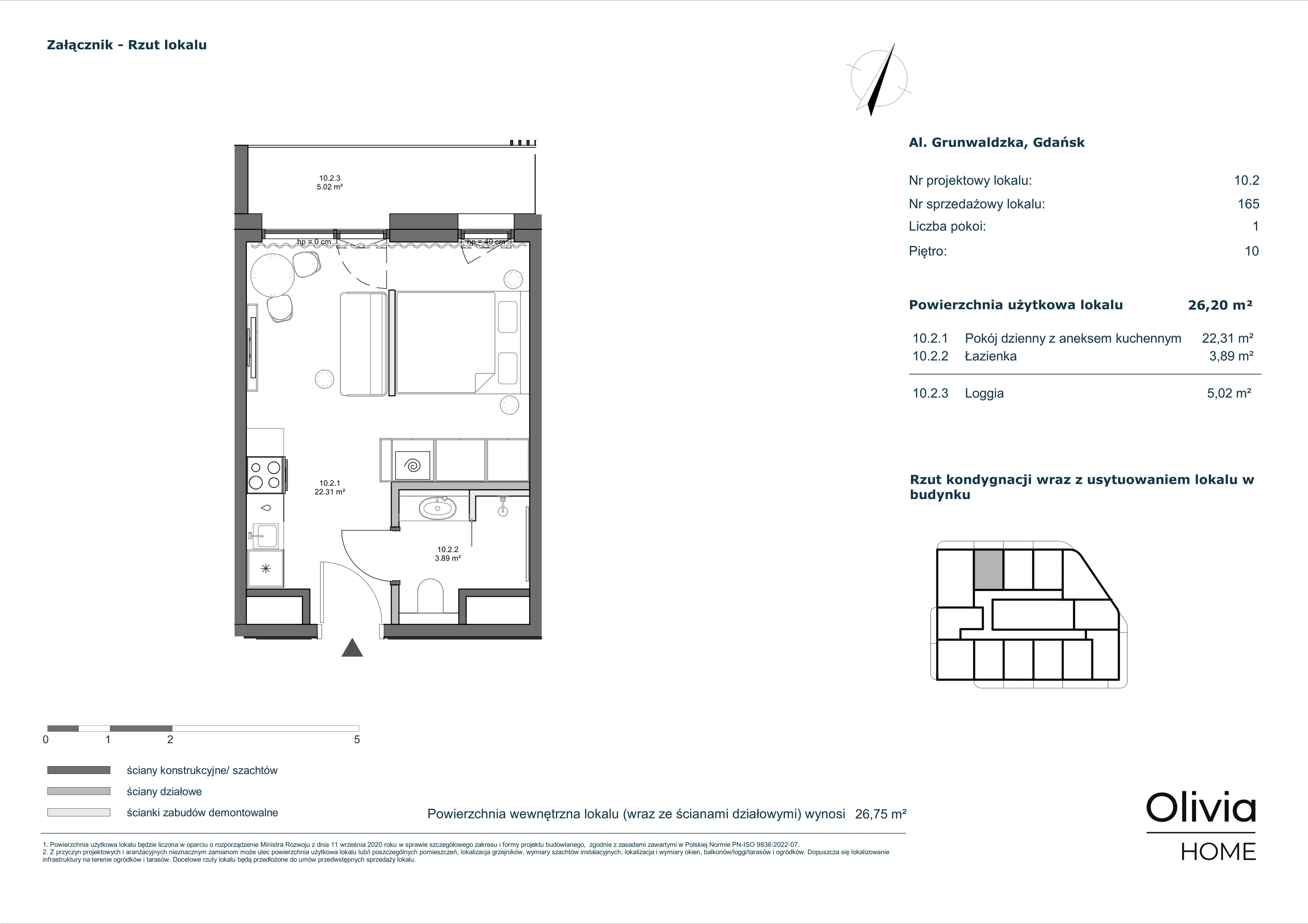 1 pokój, apartament inwestycyjny 26,20 m², piętro 10, oferta nr 10-M2, Olivia Pulse, Gdańsk, Oliwa, ul. Grunwaldzka