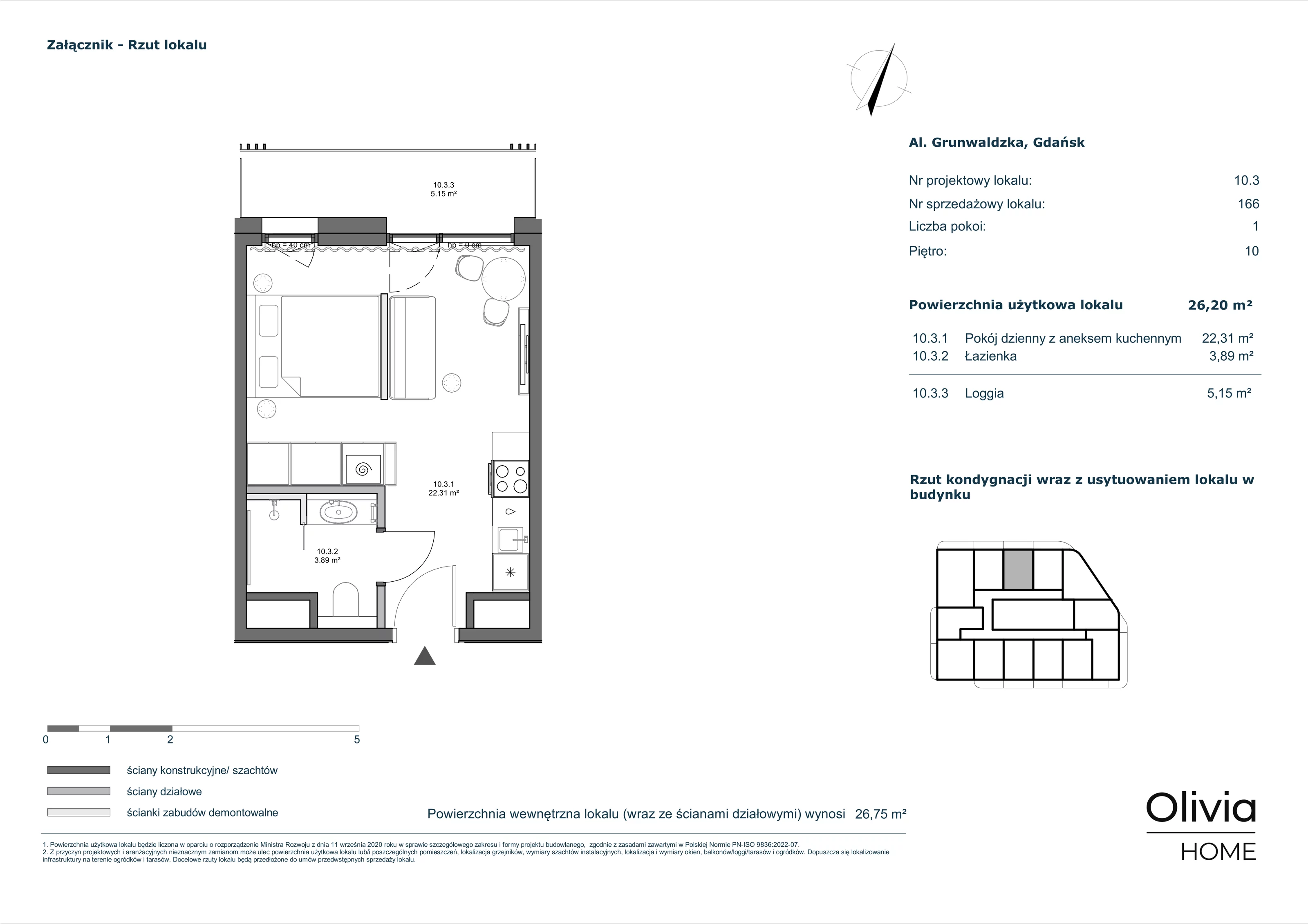 1 pokój, apartament inwestycyjny 26,20 m², piętro 10, oferta nr 10-M3, Olivia Pulse, Gdańsk, Oliwa, ul. Grunwaldzka