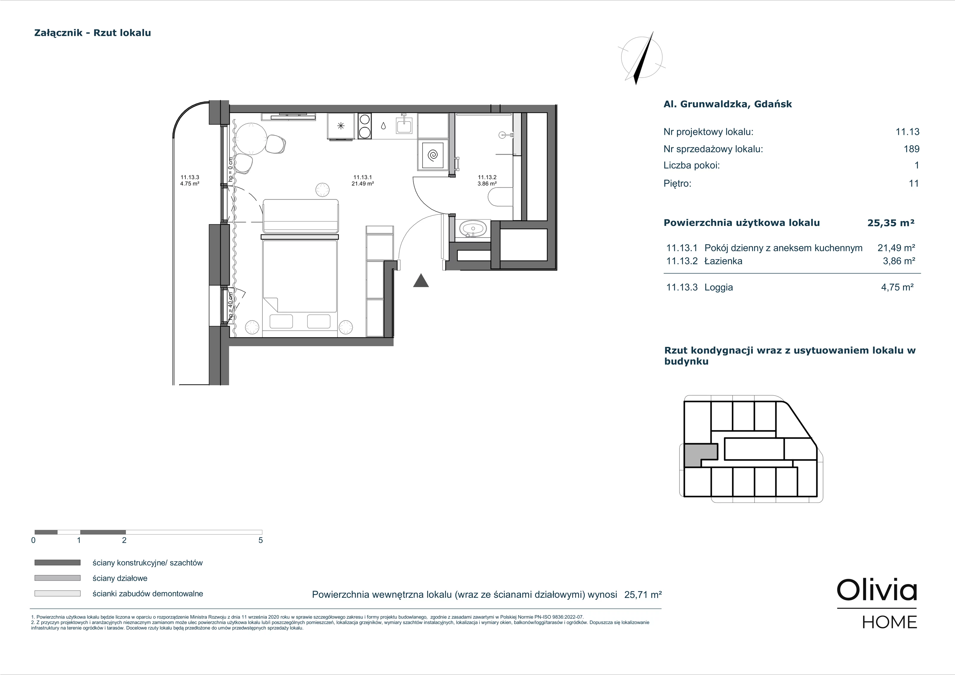 1 pokój, apartament inwestycyjny 25,35 m², piętro 11, oferta nr 11-M13, Olivia Pulse, Gdańsk, Oliwa, ul. Grunwaldzka