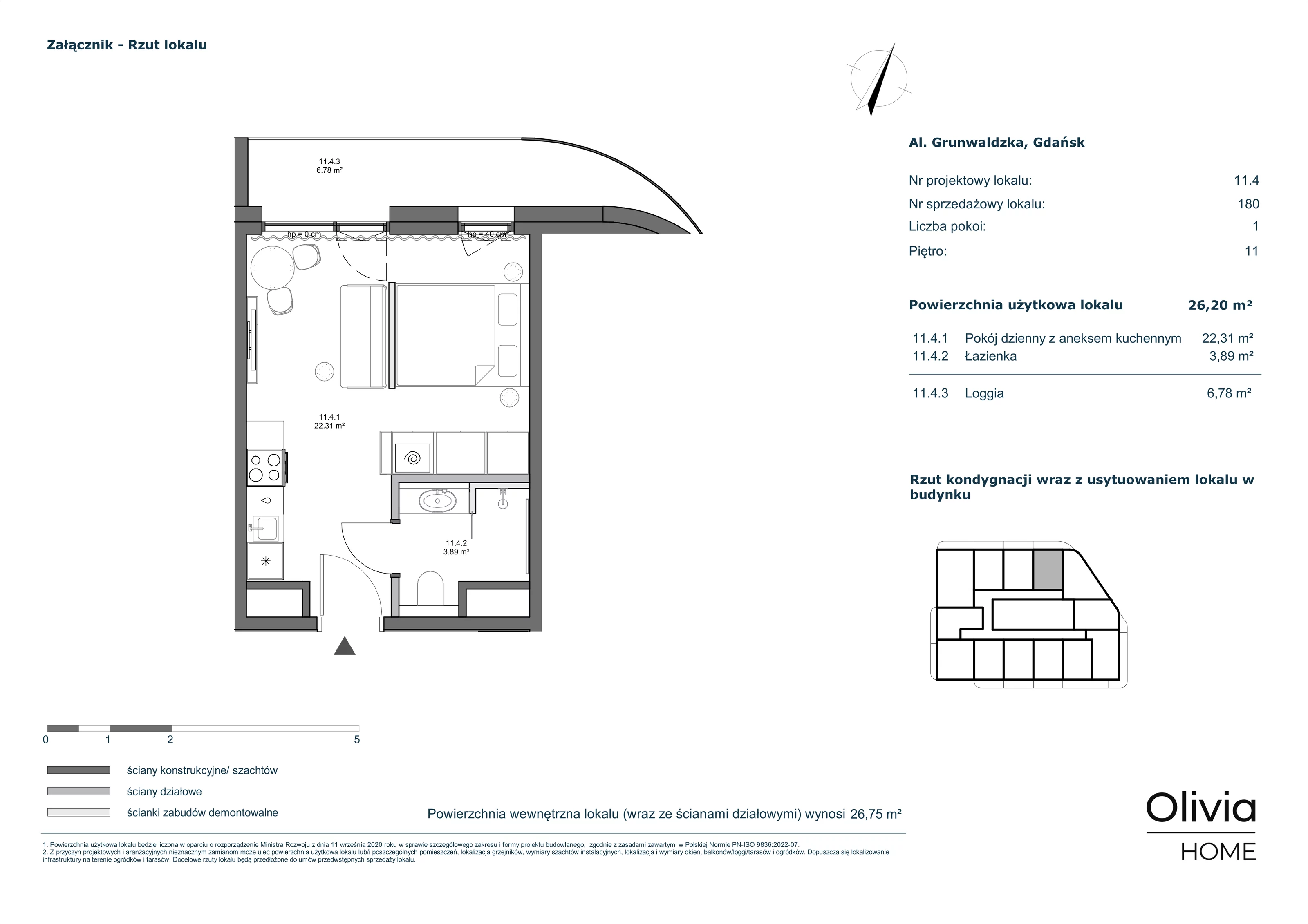 1 pokój, apartament inwestycyjny 26,20 m², piętro 11, oferta nr 11-M4, Olivia Pulse, Gdańsk, Oliwa, ul. Grunwaldzka