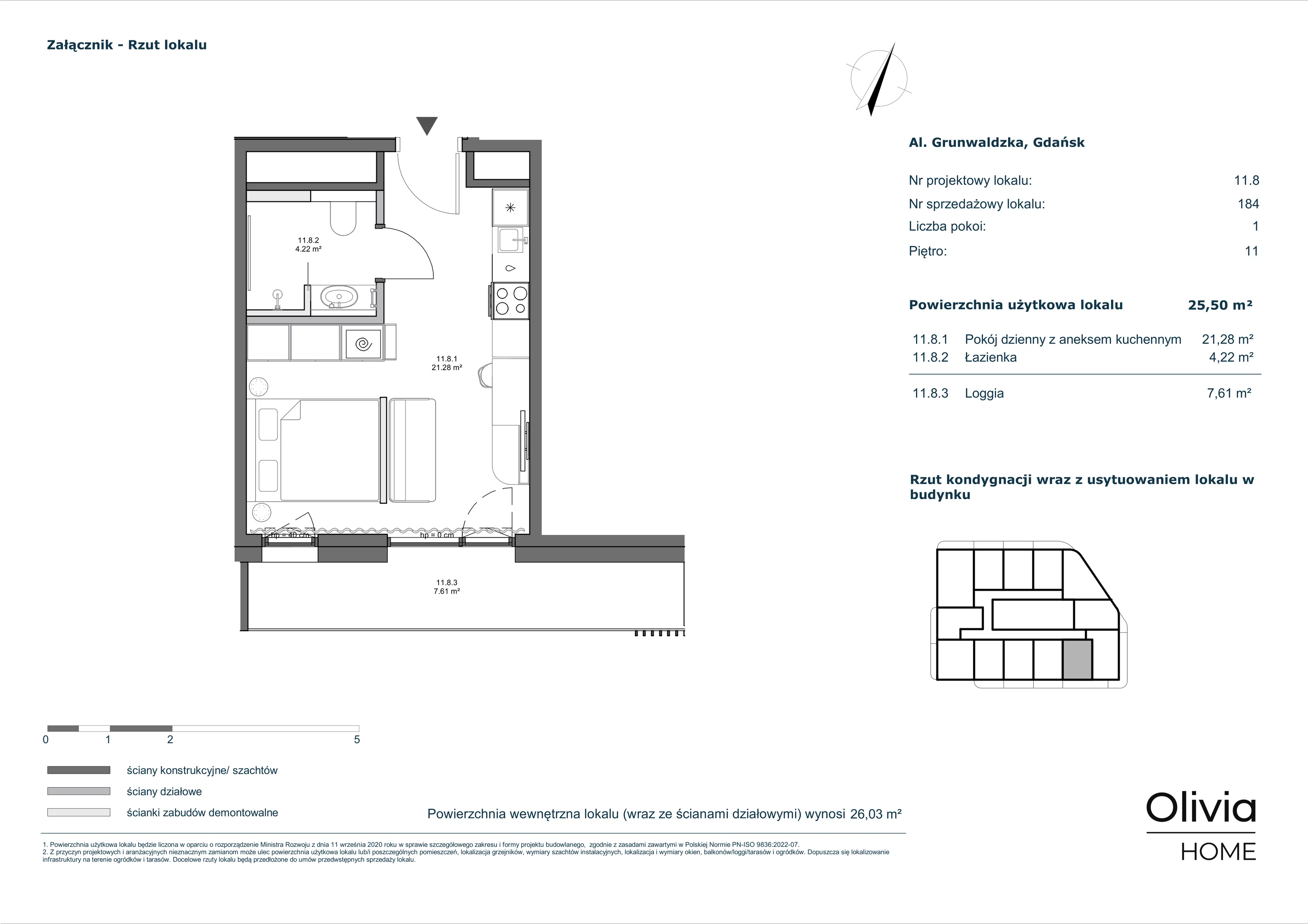 1 pokój, apartament inwestycyjny 25,50 m², piętro 11, oferta nr 11-M8, Olivia Pulse, Gdańsk, Oliwa, ul. Grunwaldzka