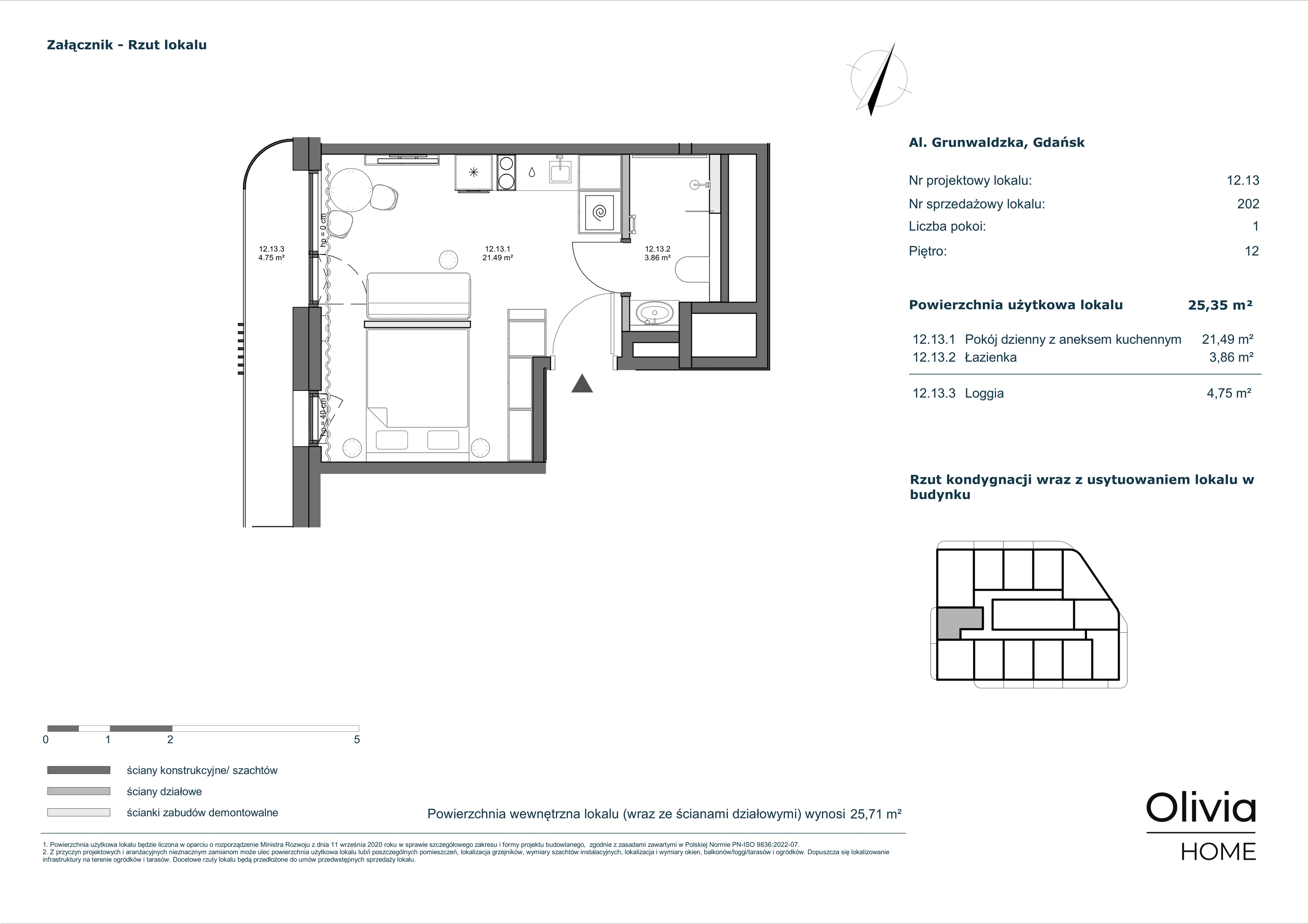 1 pokój, apartament inwestycyjny 25,35 m², piętro 12, oferta nr 12-M13, Olivia Pulse, Gdańsk, Oliwa, ul. Grunwaldzka