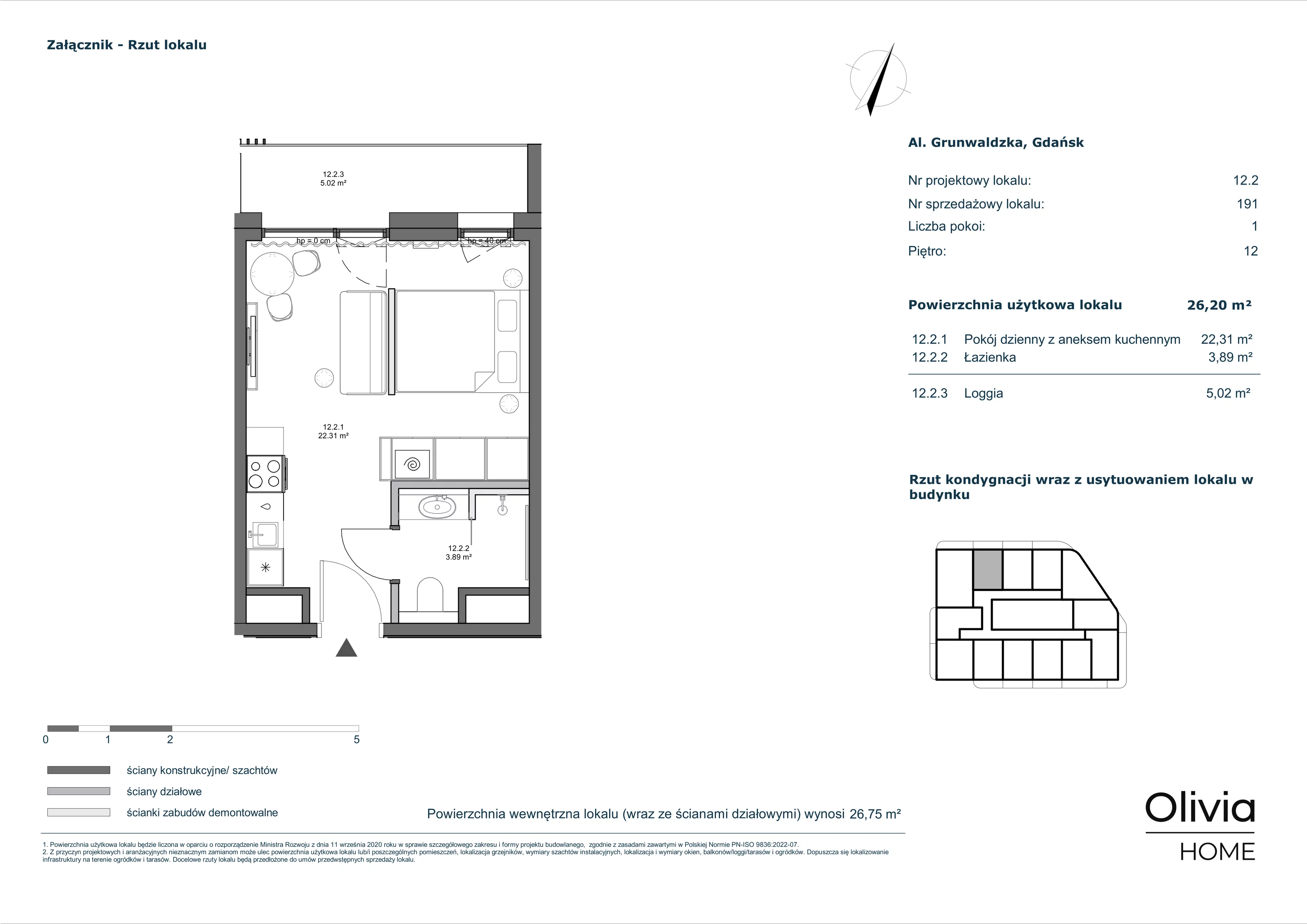 1 pokój, apartament inwestycyjny 26,20 m², piętro 12, oferta nr 12-M2, Olivia Pulse, Gdańsk, Oliwa, ul. Grunwaldzka