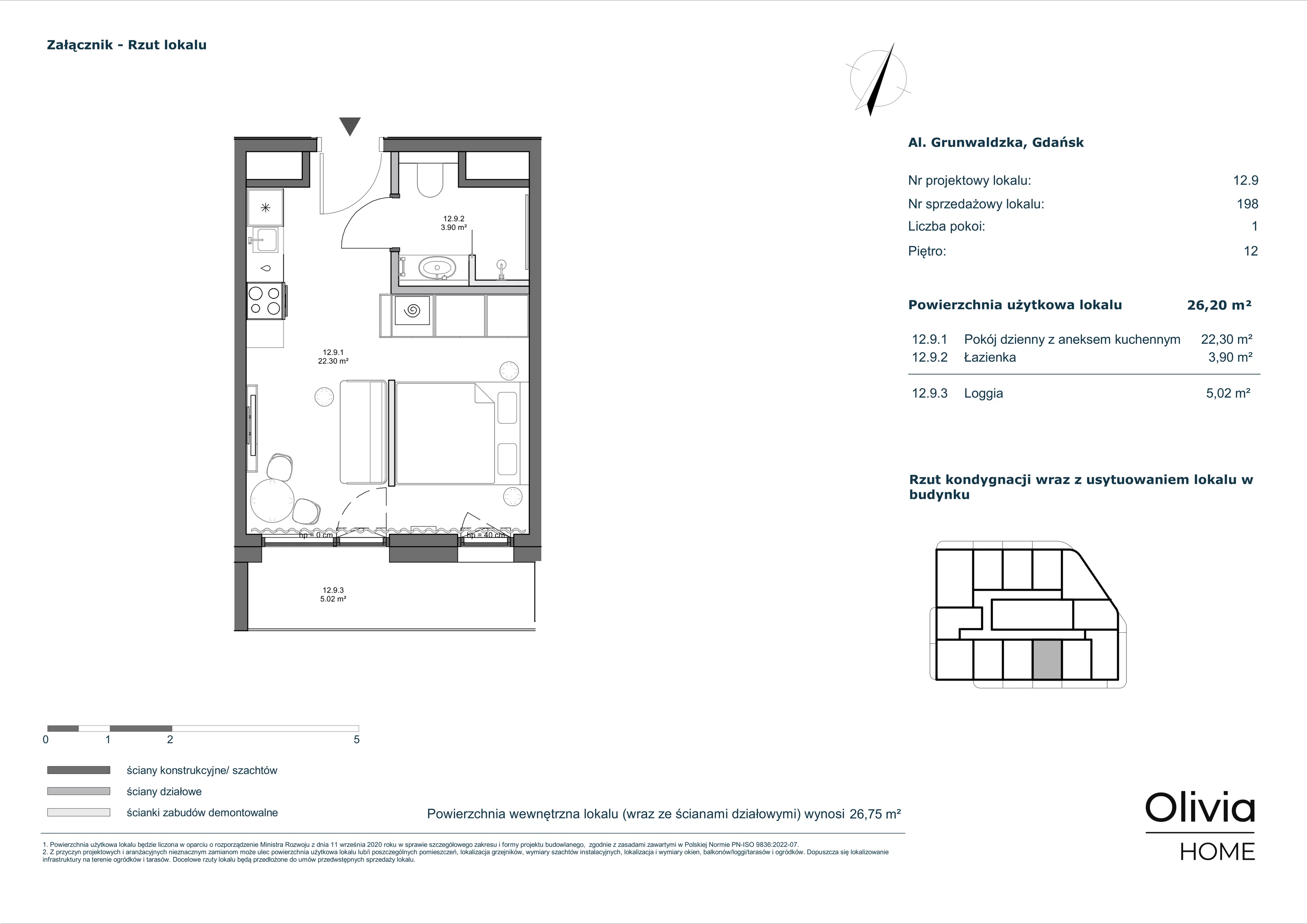 1 pokój, apartament inwestycyjny 26,20 m², piętro 12, oferta nr 12-M9, Olivia Pulse, Gdańsk, Oliwa, ul. Grunwaldzka