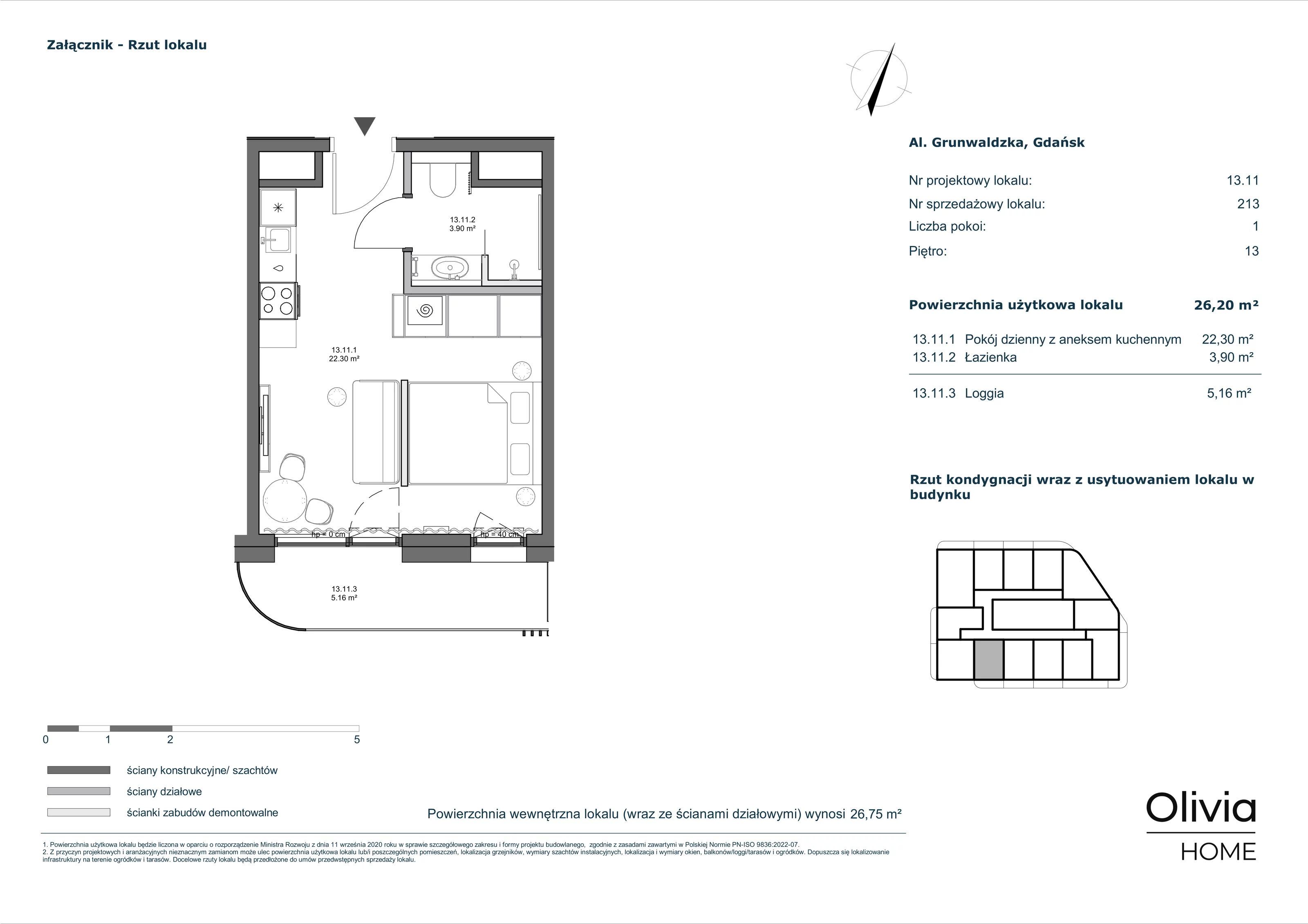 1 pokój, apartament inwestycyjny 26,20 m², piętro 13, oferta nr 13-M11, Olivia Pulse, Gdańsk, Oliwa, ul. Grunwaldzka