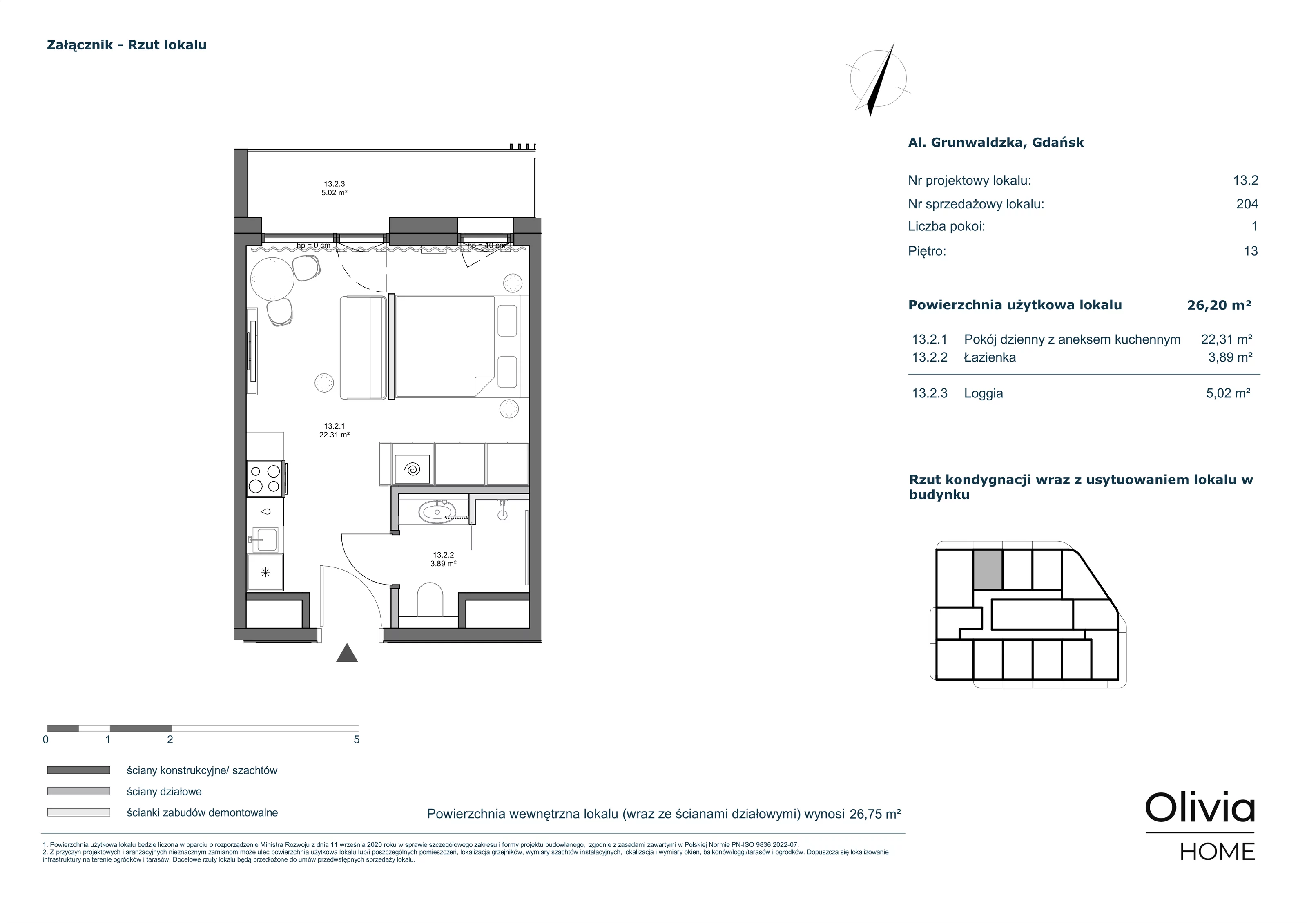 1 pokój, apartament inwestycyjny 26,20 m², piętro 13, oferta nr 13-M2, Olivia Pulse, Gdańsk, Oliwa, ul. Grunwaldzka