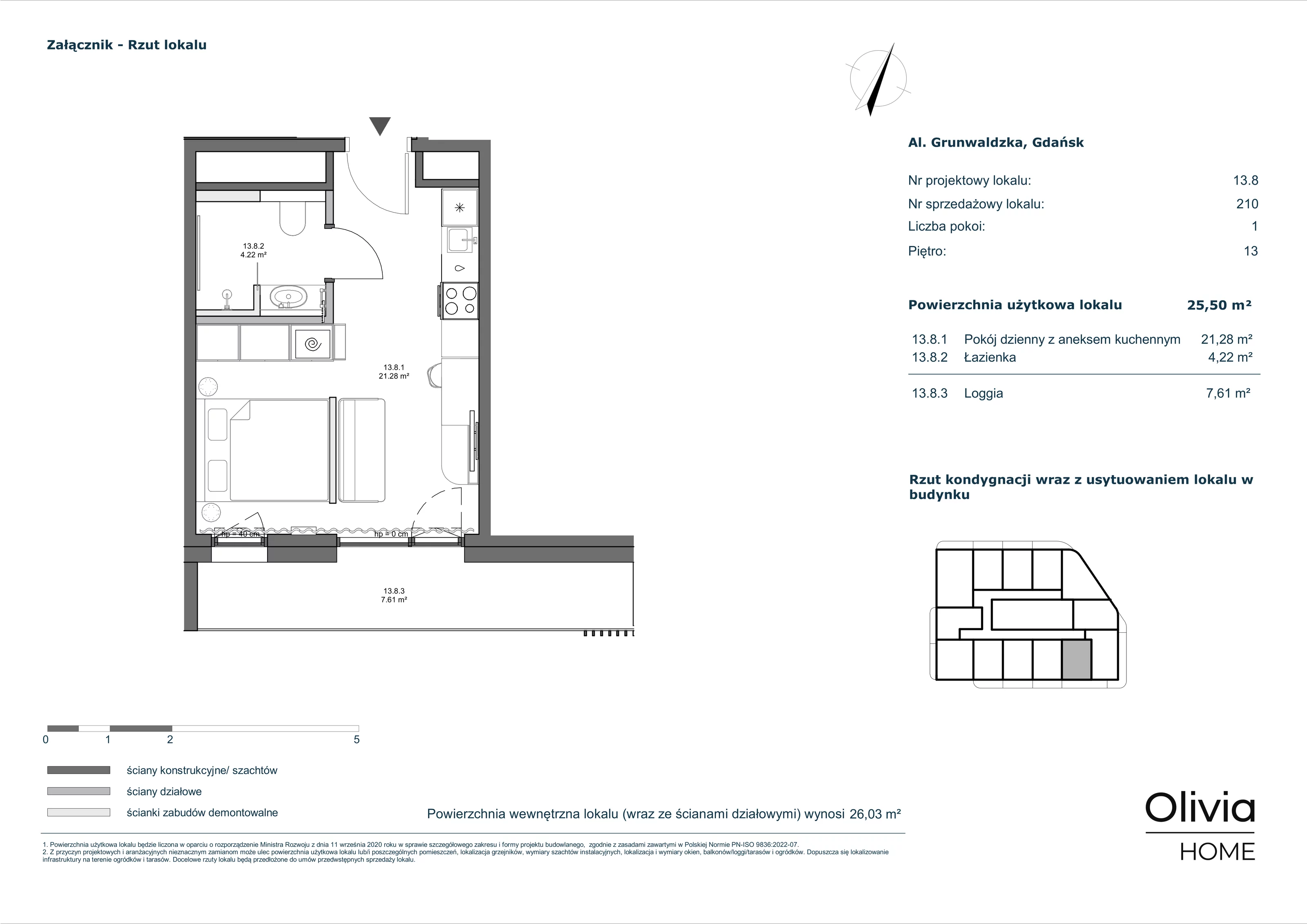 1 pokój, apartament inwestycyjny 25,50 m², piętro 13, oferta nr 13-M8, Olivia Pulse, Gdańsk, Oliwa, ul. Grunwaldzka