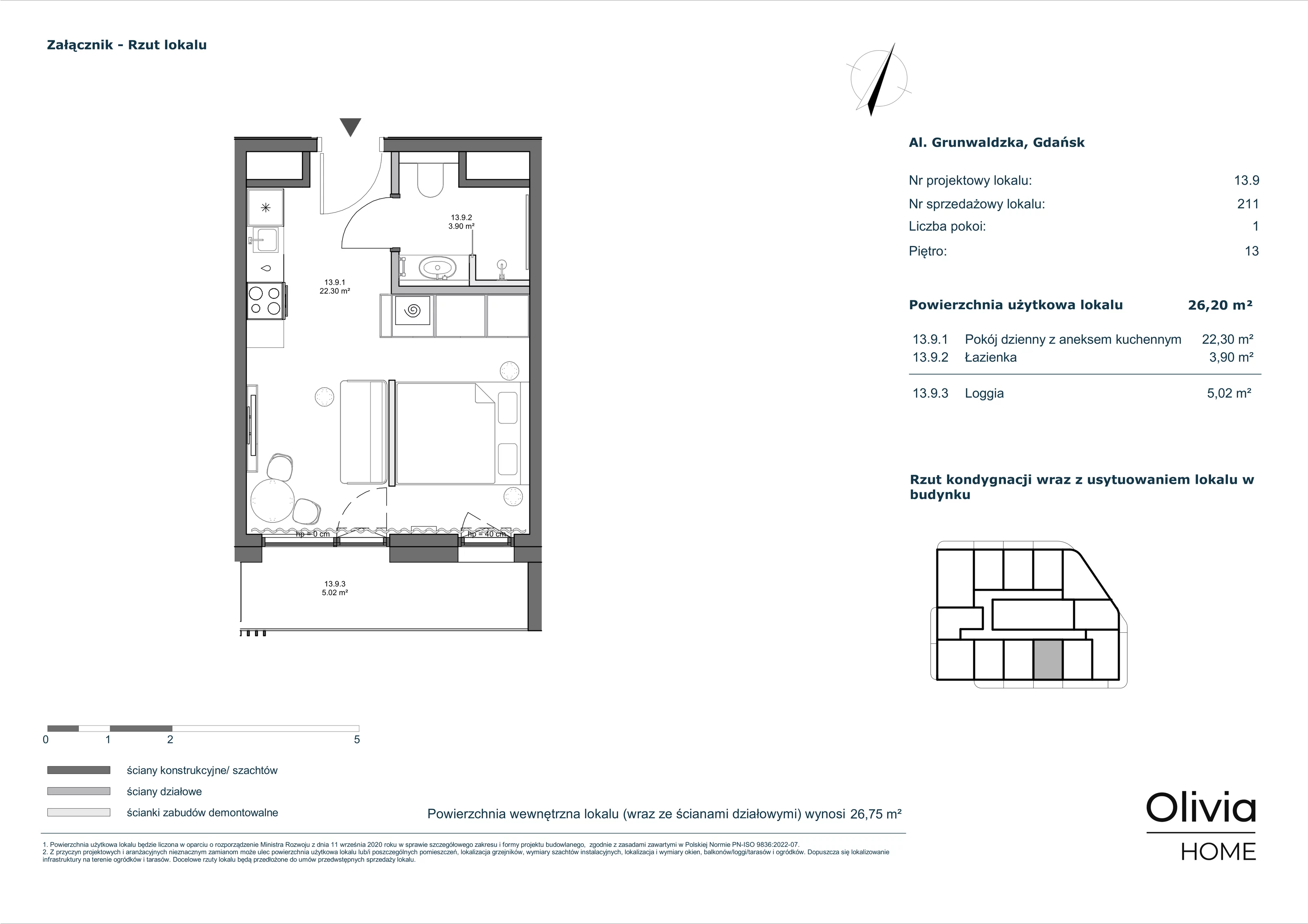 1 pokój, apartament inwestycyjny 26,20 m², piętro 13, oferta nr 13-M9, Olivia Pulse, Gdańsk, Oliwa, ul. Grunwaldzka