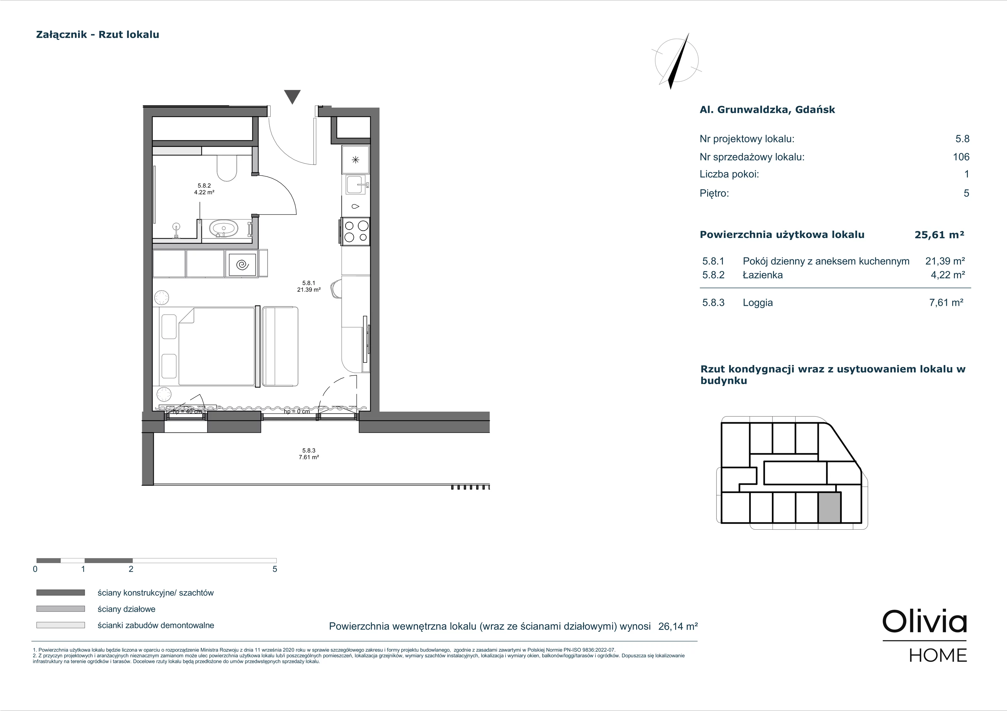 1 pokój, apartament inwestycyjny 25,61 m², piętro 5, oferta nr 5-M8, Olivia Pulse, Gdańsk, Oliwa, ul. Grunwaldzka