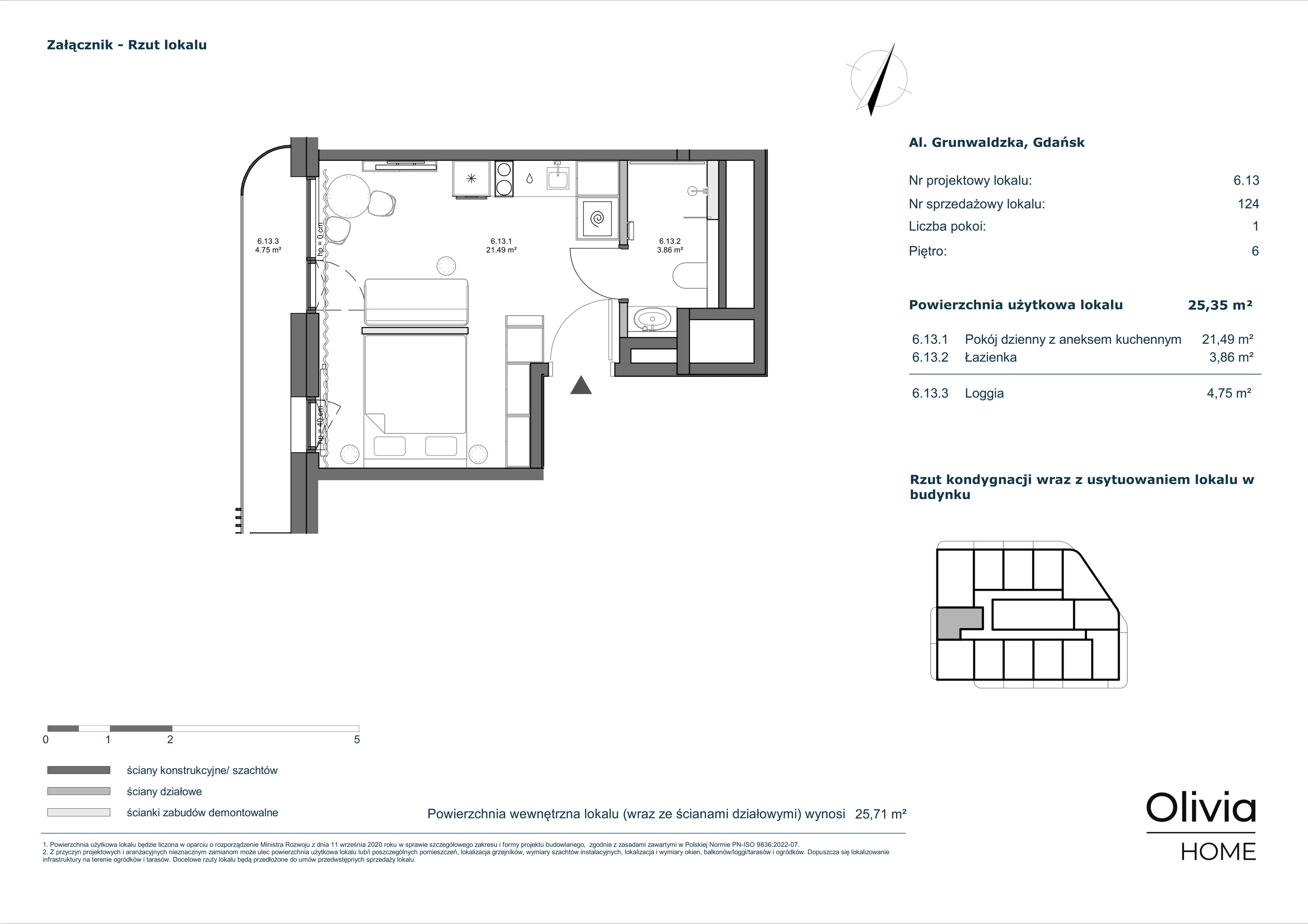 1 pokój, apartament inwestycyjny 25,35 m², piętro 6, oferta nr 6-M13, Olivia Pulse, Gdańsk, Oliwa, ul. Grunwaldzka