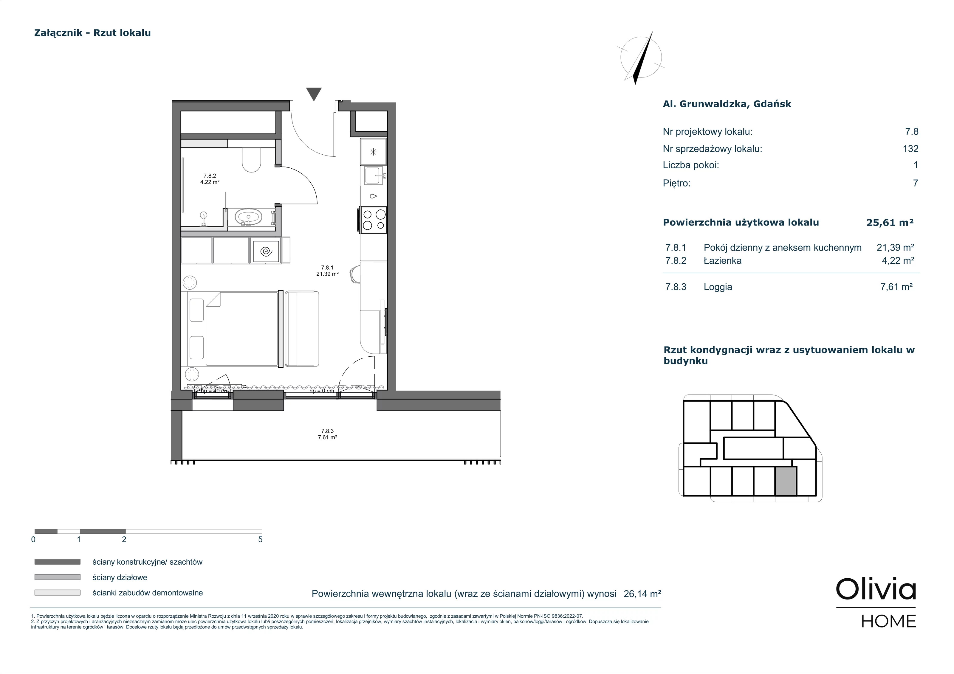 1 pokój, apartament inwestycyjny 25,61 m², piętro 7, oferta nr 7-M8, Olivia Pulse, Gdańsk, Oliwa, ul. Grunwaldzka