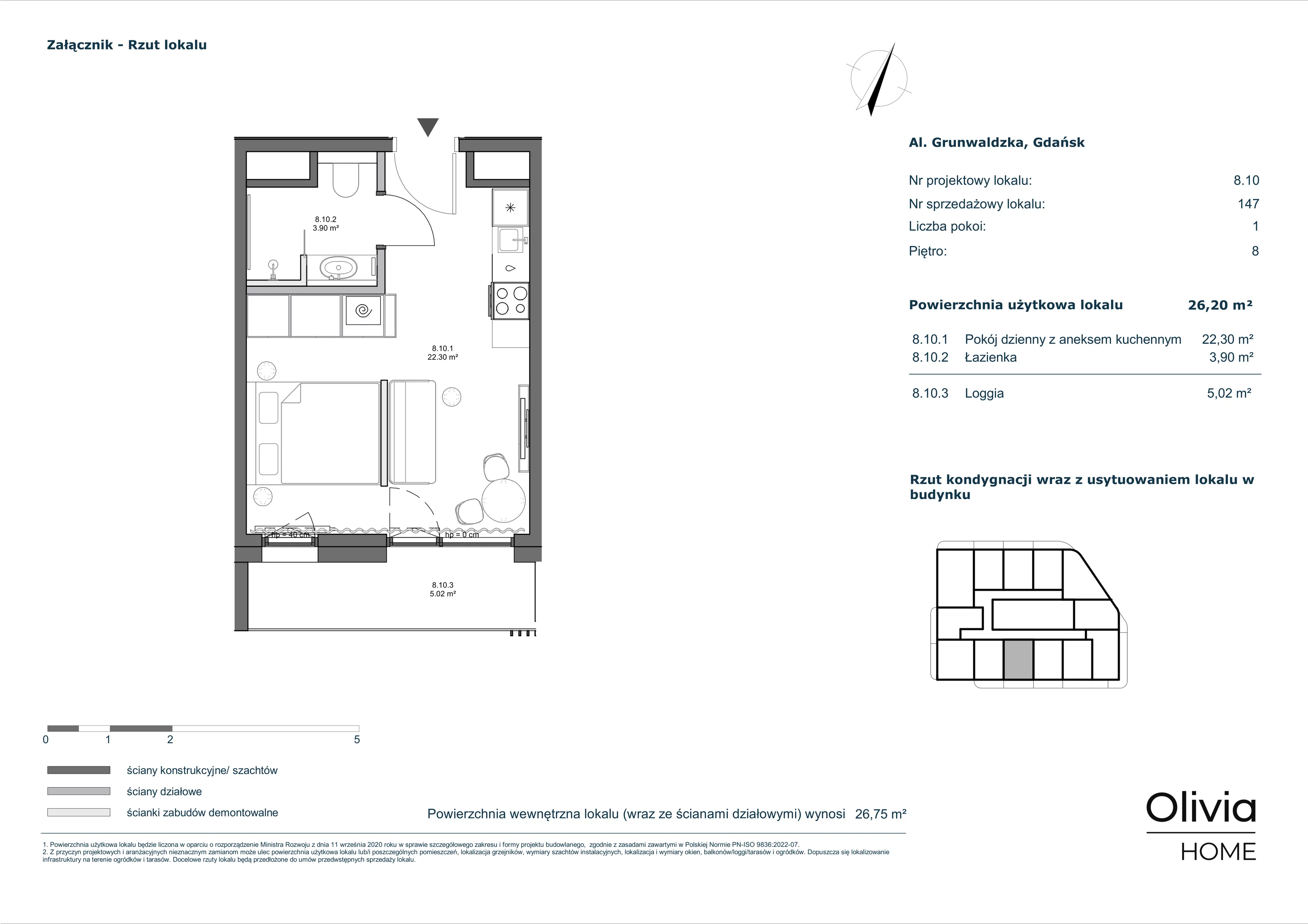 1 pokój, apartament inwestycyjny 26,20 m², piętro 8, oferta nr 8-M10, Olivia Pulse, Gdańsk, Oliwa, ul. Grunwaldzka