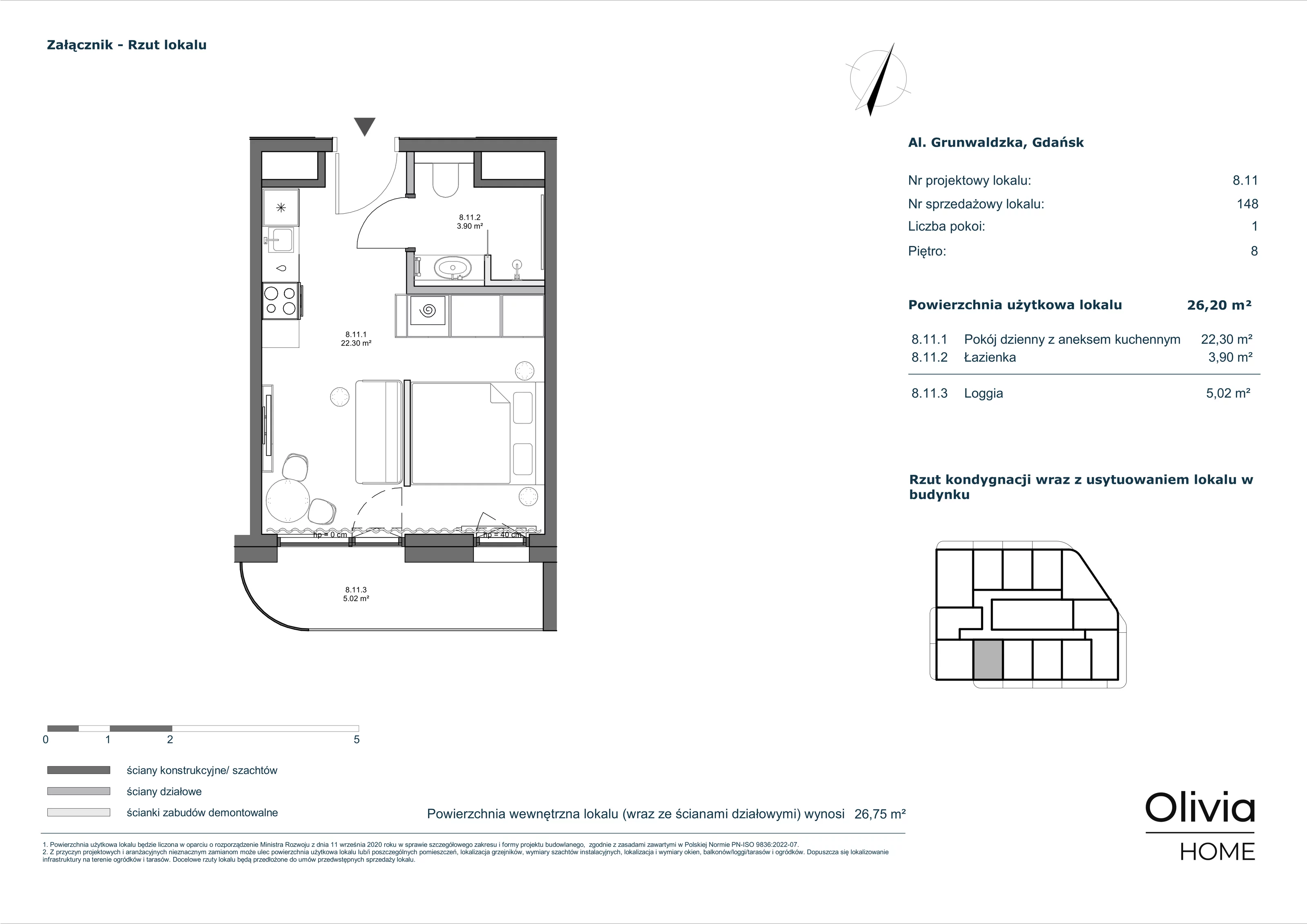 1 pokój, apartament inwestycyjny 26,20 m², piętro 8, oferta nr 8-M11, Olivia Pulse, Gdańsk, Oliwa, ul. Grunwaldzka