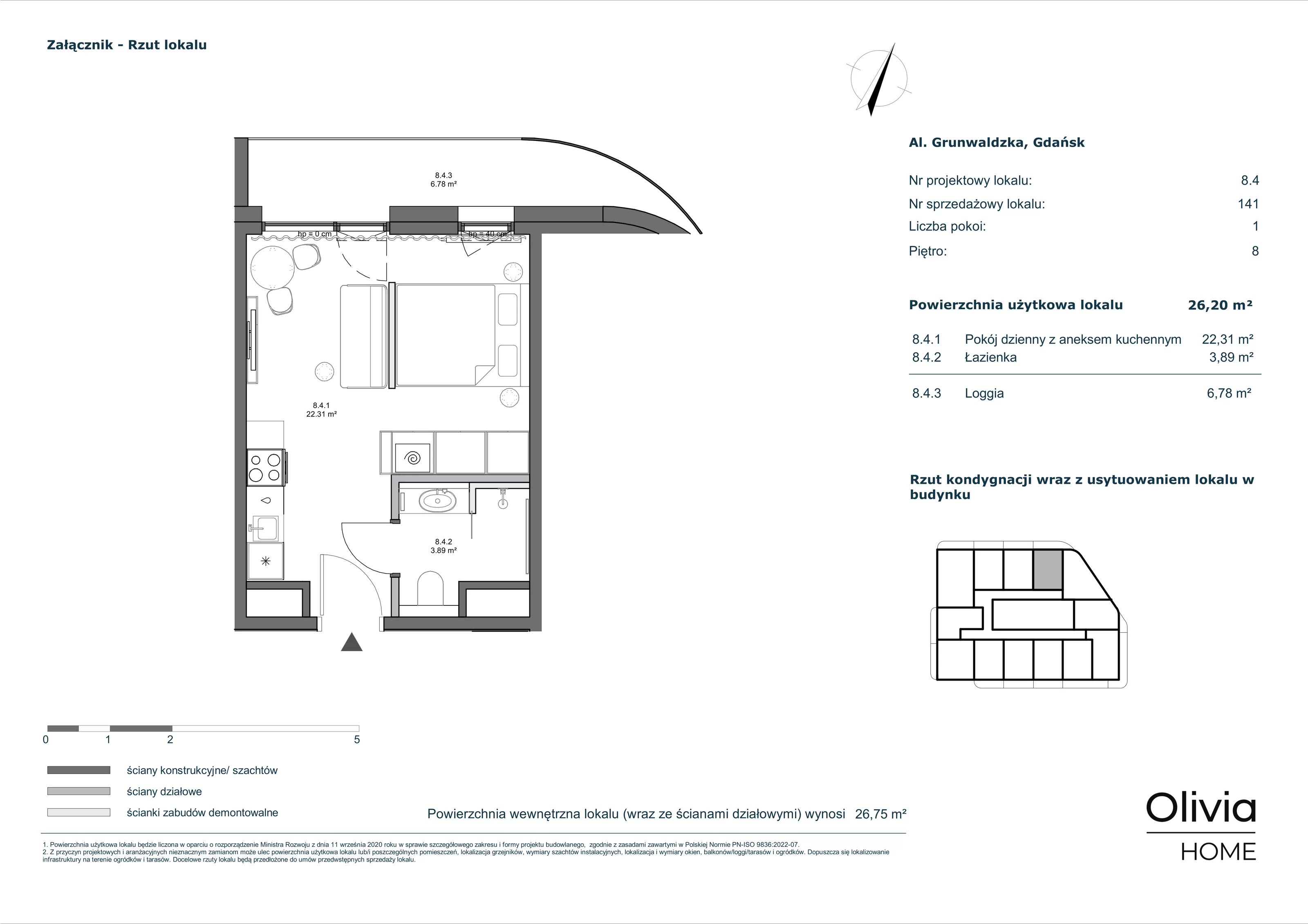 1 pokój, apartament inwestycyjny 26,20 m², piętro 8, oferta nr 8-M4, Olivia Pulse, Gdańsk, Oliwa, ul. Grunwaldzka