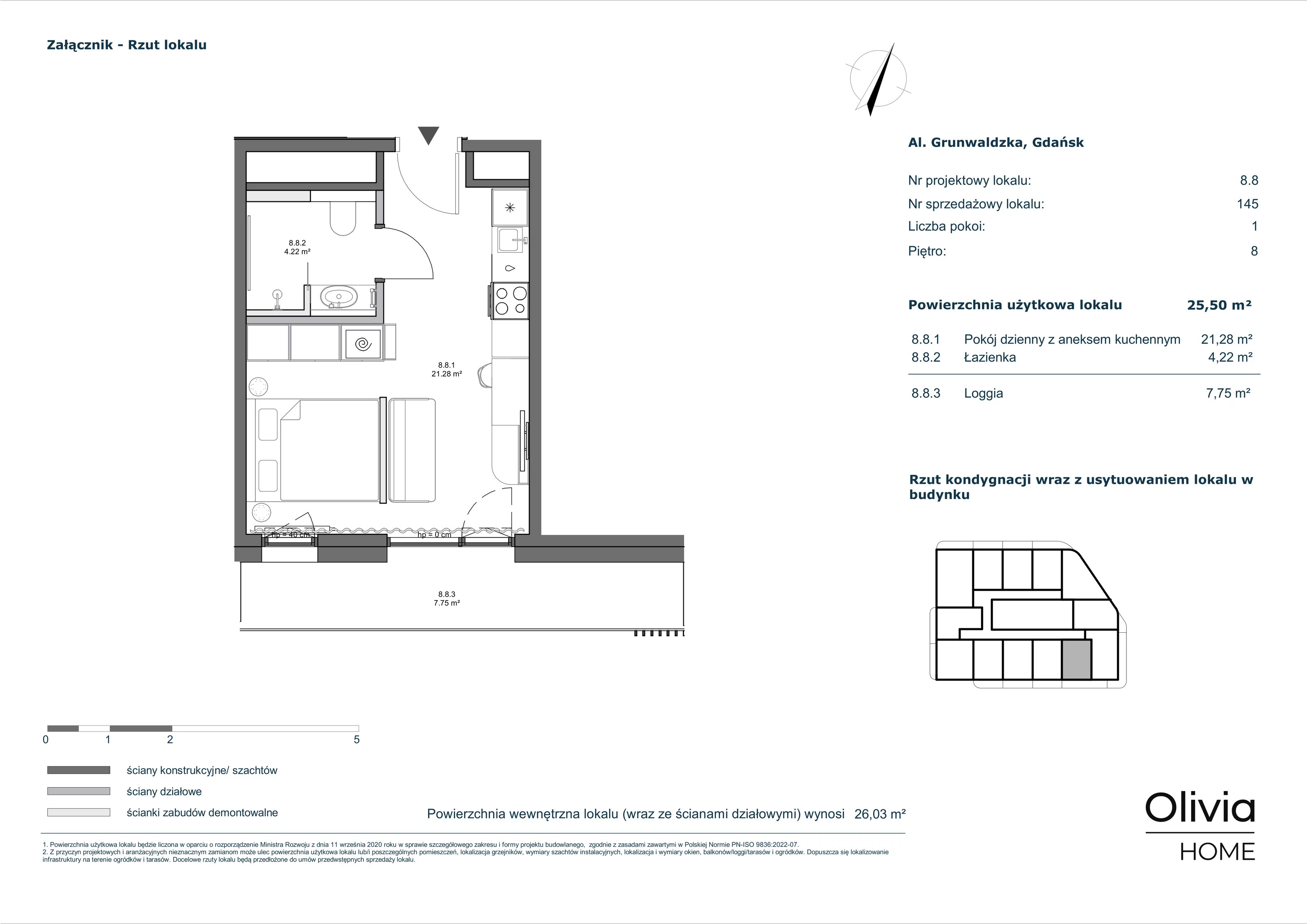 1 pokój, apartament inwestycyjny 25,50 m², piętro 8, oferta nr 8-M8, Olivia Pulse, Gdańsk, Oliwa, ul. Grunwaldzka