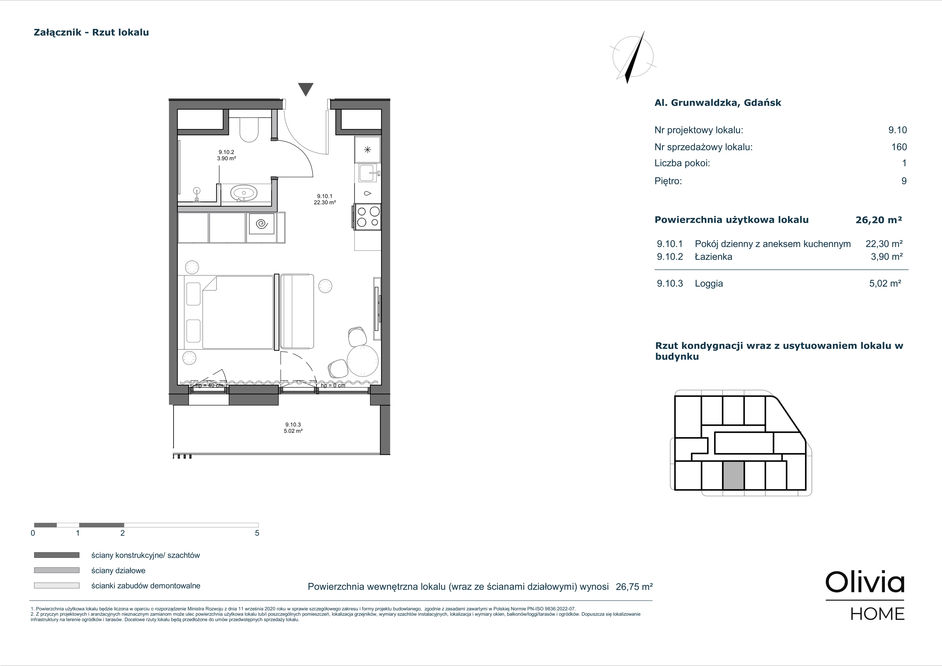 1 pokój, apartament inwestycyjny 26,20 m², piętro 9, oferta nr 9-M10, Olivia Pulse, Gdańsk, Oliwa, ul. Grunwaldzka