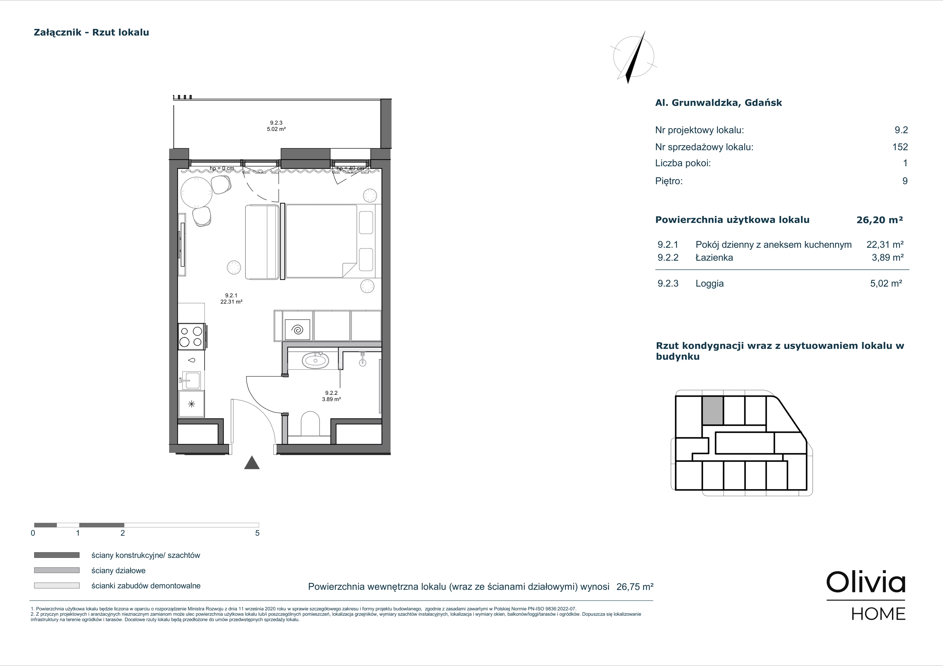 1 pokój, apartament inwestycyjny 26,20 m², piętro 9, oferta nr 9-M2, Olivia Pulse, Gdańsk, Oliwa, ul. Grunwaldzka