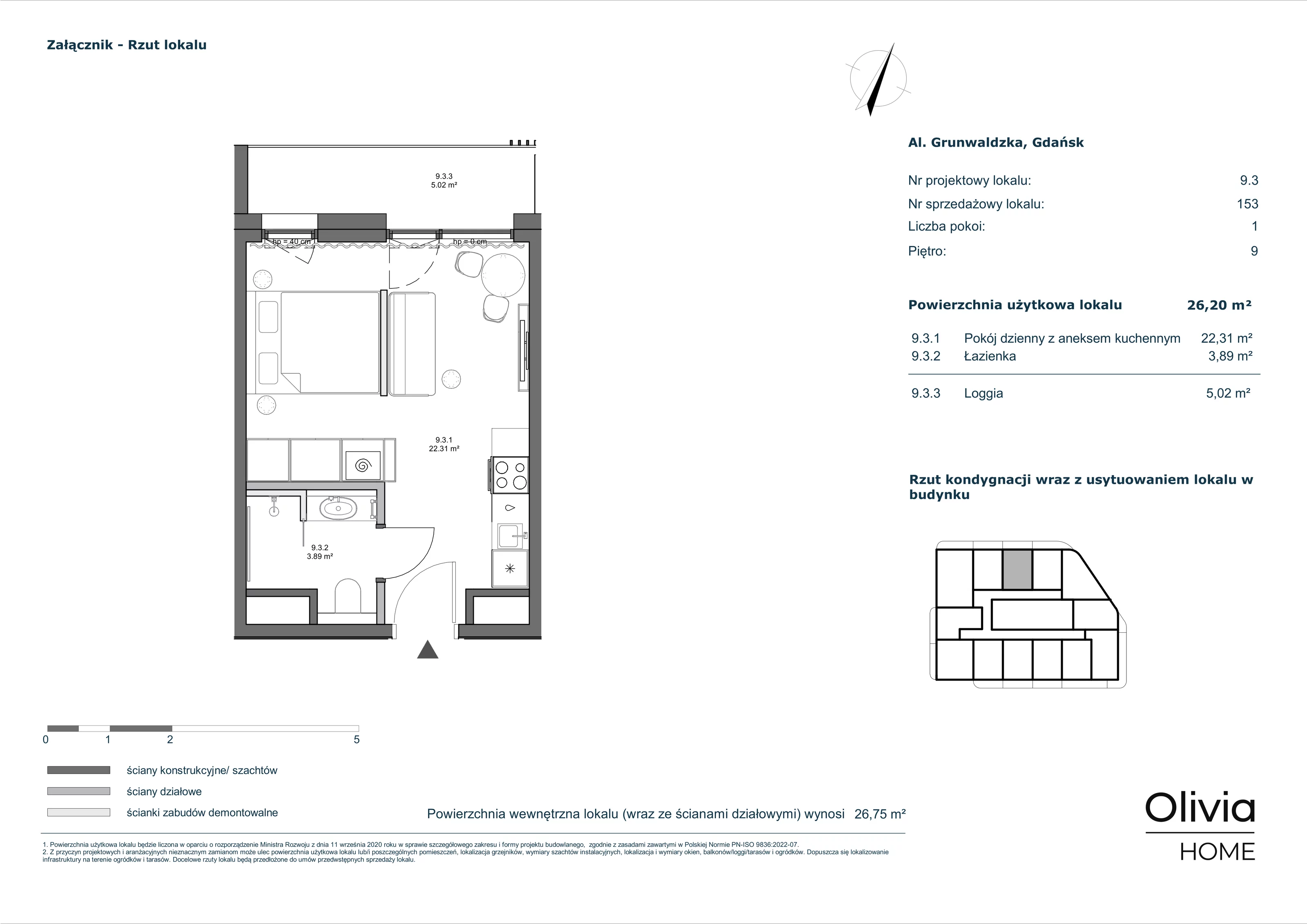 1 pokój, apartament inwestycyjny 26,20 m², piętro 9, oferta nr 9-M3, Olivia Pulse, Gdańsk, Oliwa, ul. Grunwaldzka