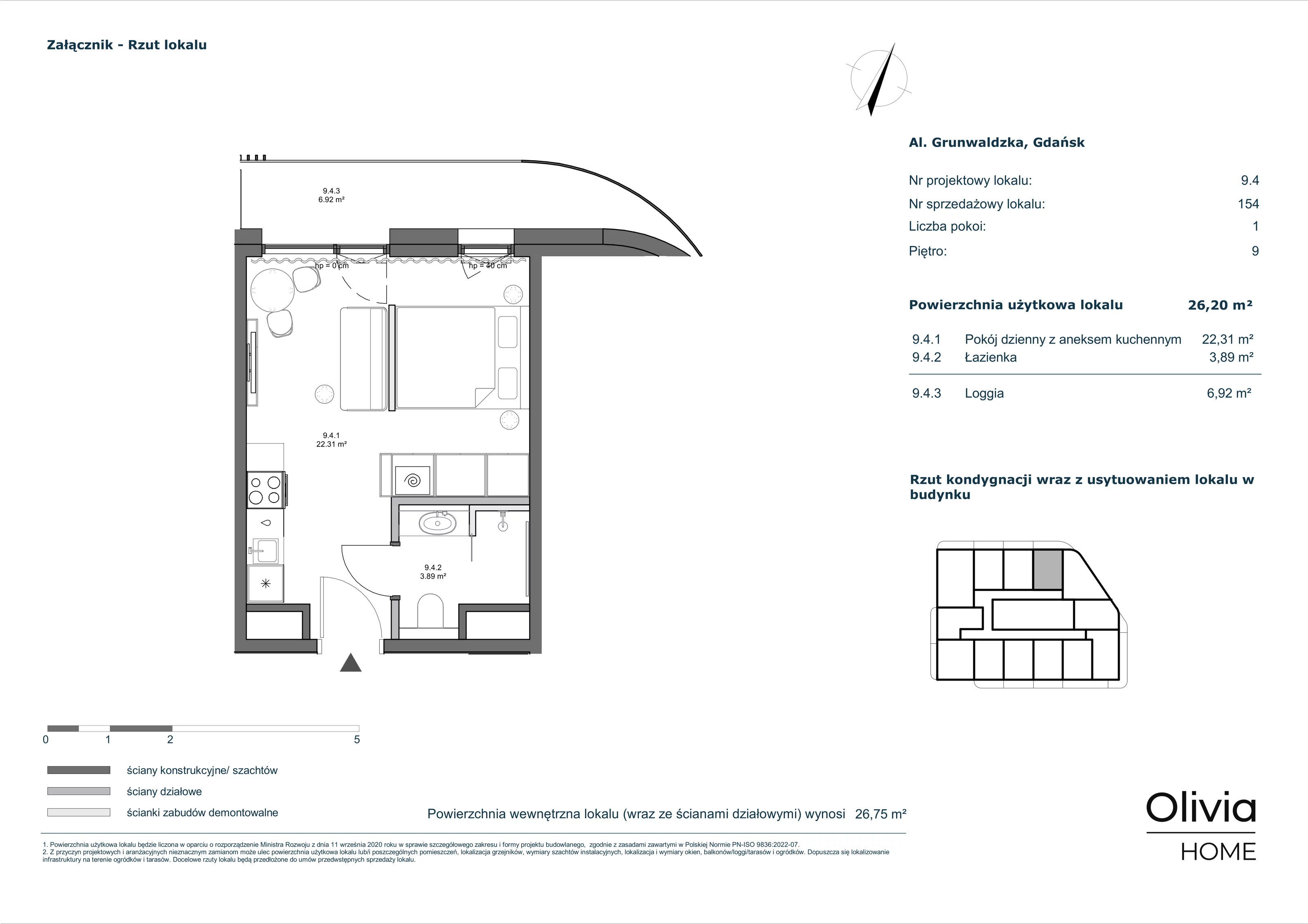 1 pokój, apartament inwestycyjny 26,20 m², piętro 9, oferta nr 9-M4, Olivia Pulse, Gdańsk, Oliwa, ul. Grunwaldzka