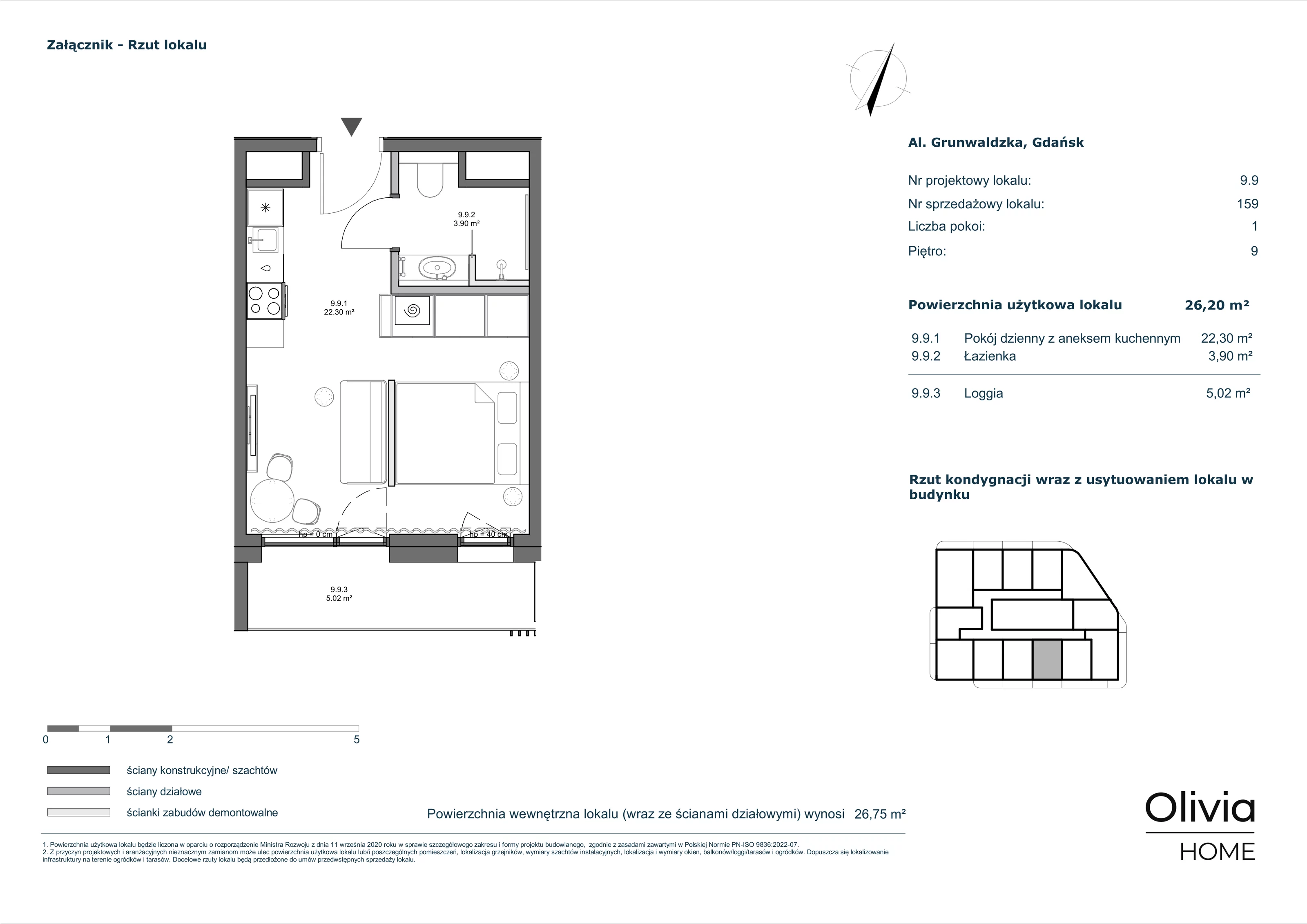 1 pokój, apartament inwestycyjny 26,20 m², piętro 9, oferta nr 9-M9, Olivia Pulse, Gdańsk, Oliwa, ul. Grunwaldzka