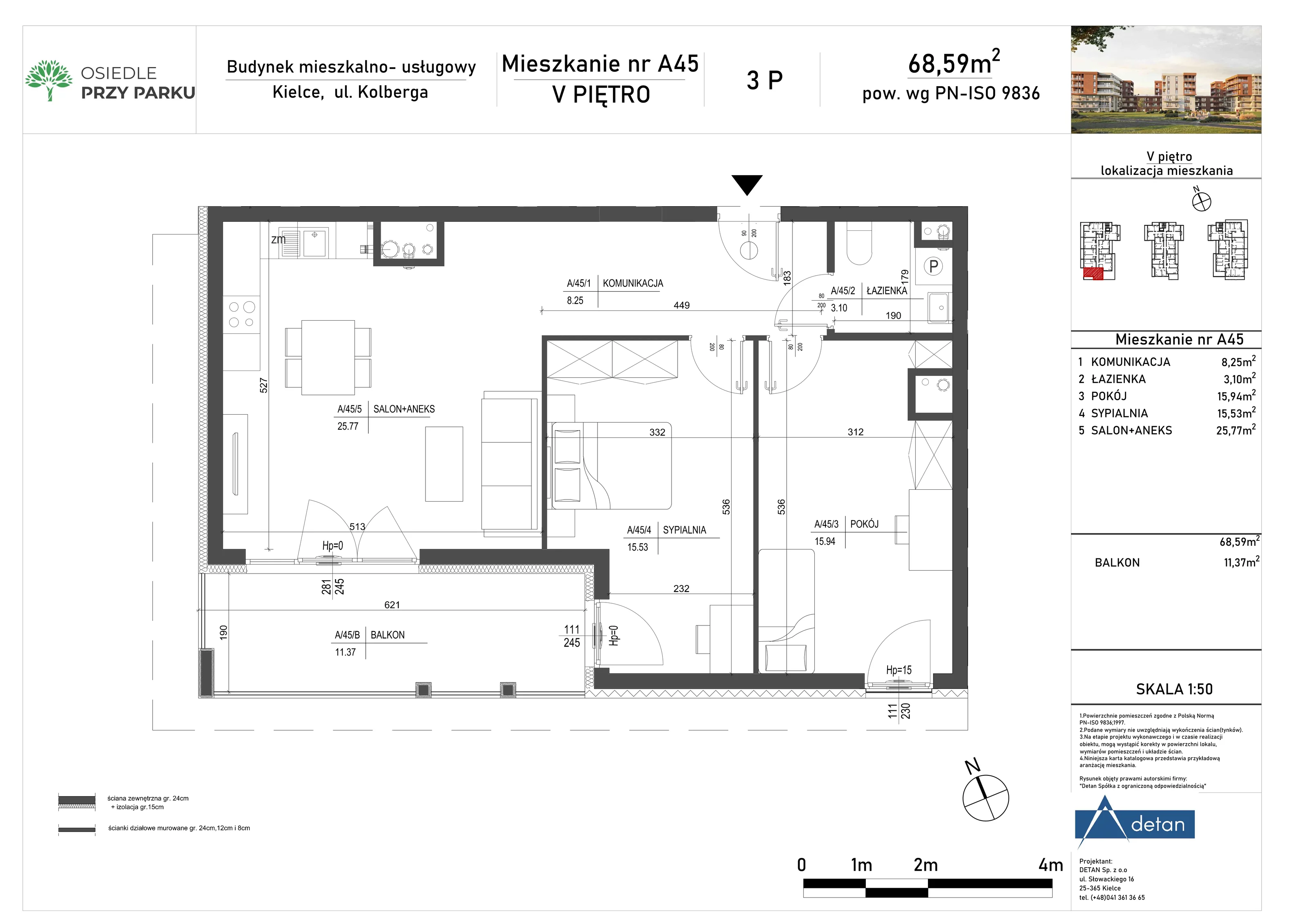 Mieszkanie 68,59 m², piętro 5, oferta nr A45, Osiedle Przy Parku, Kielce, Czarnów, ul. Oskara Kolberga 21