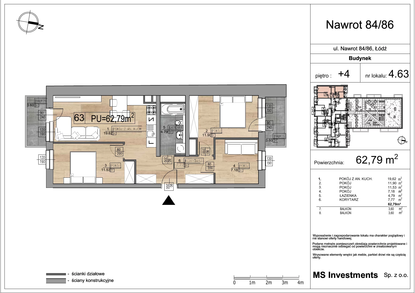 Mieszkanie 62,79 m², piętro 4, oferta nr M_4.63, Nawrot 86, Łódź, Widzew, Widzew, ul. Nawrot 86