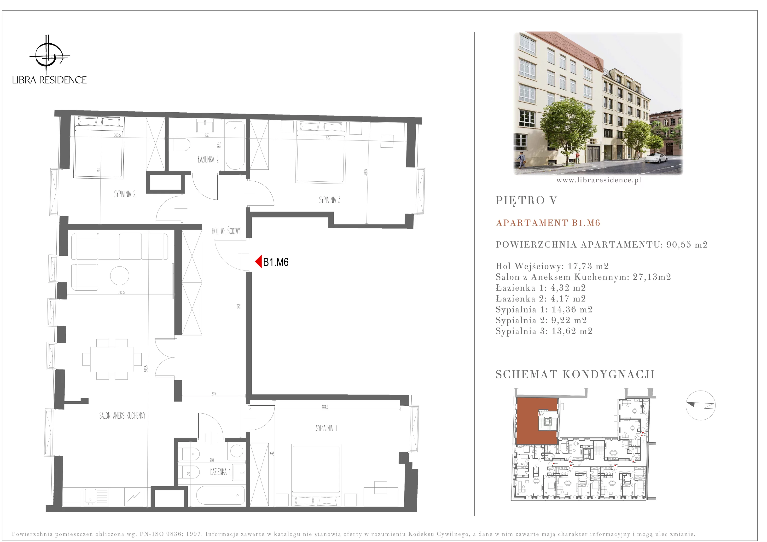 4 pokoje, mieszkanie 91,83 m², piętro 5, oferta nr B1.M6, Libra Residence, Kraków, Stare Miasto, ul. Librowszczyzna 3 / Bonerowska 1