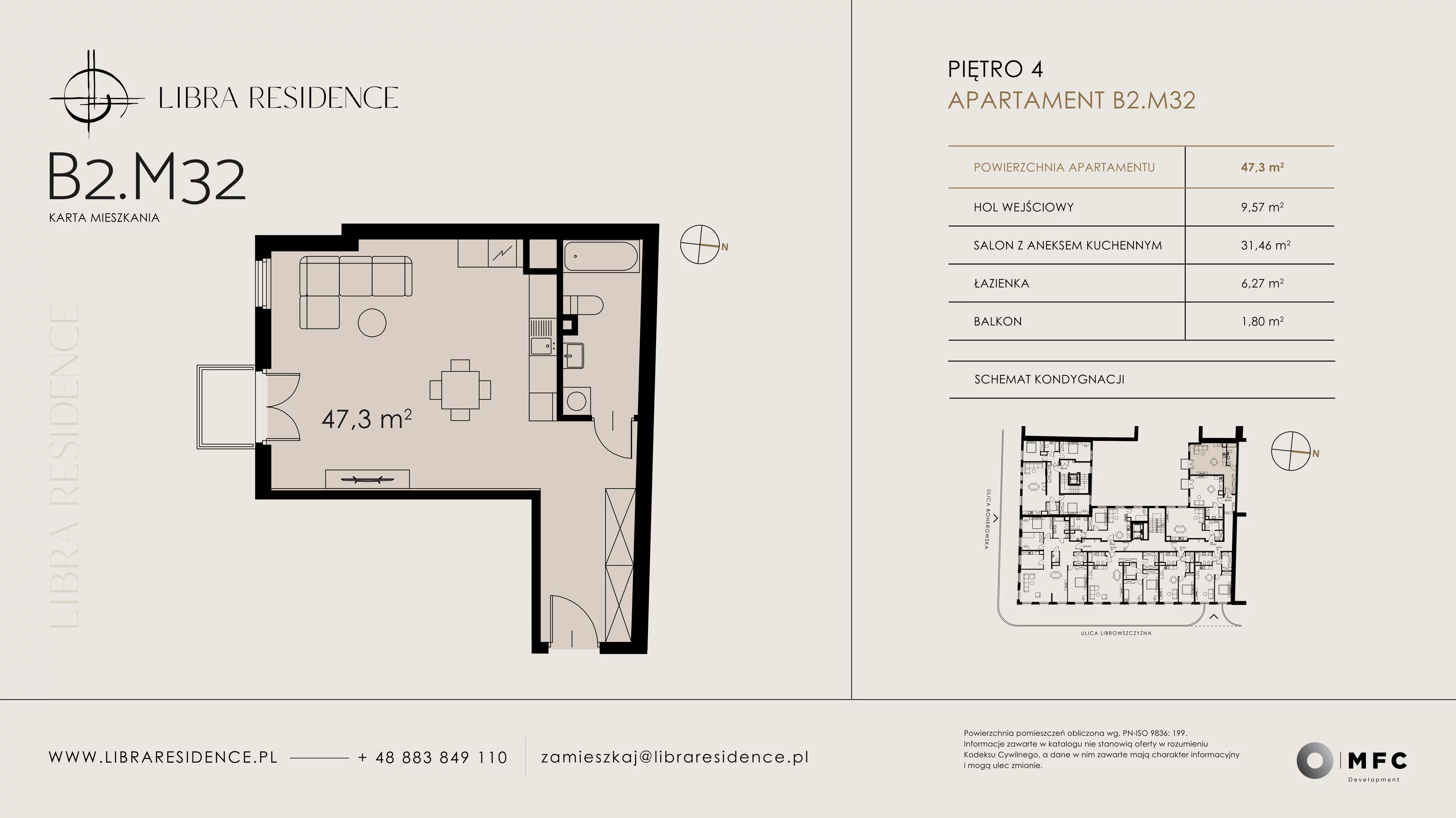 Apartament 47,30 m², piętro 4, oferta nr B2.M32, Libra Residence, Kraków, Stare Miasto, ul. Librowszczyzna 3 / Bonerowska 1