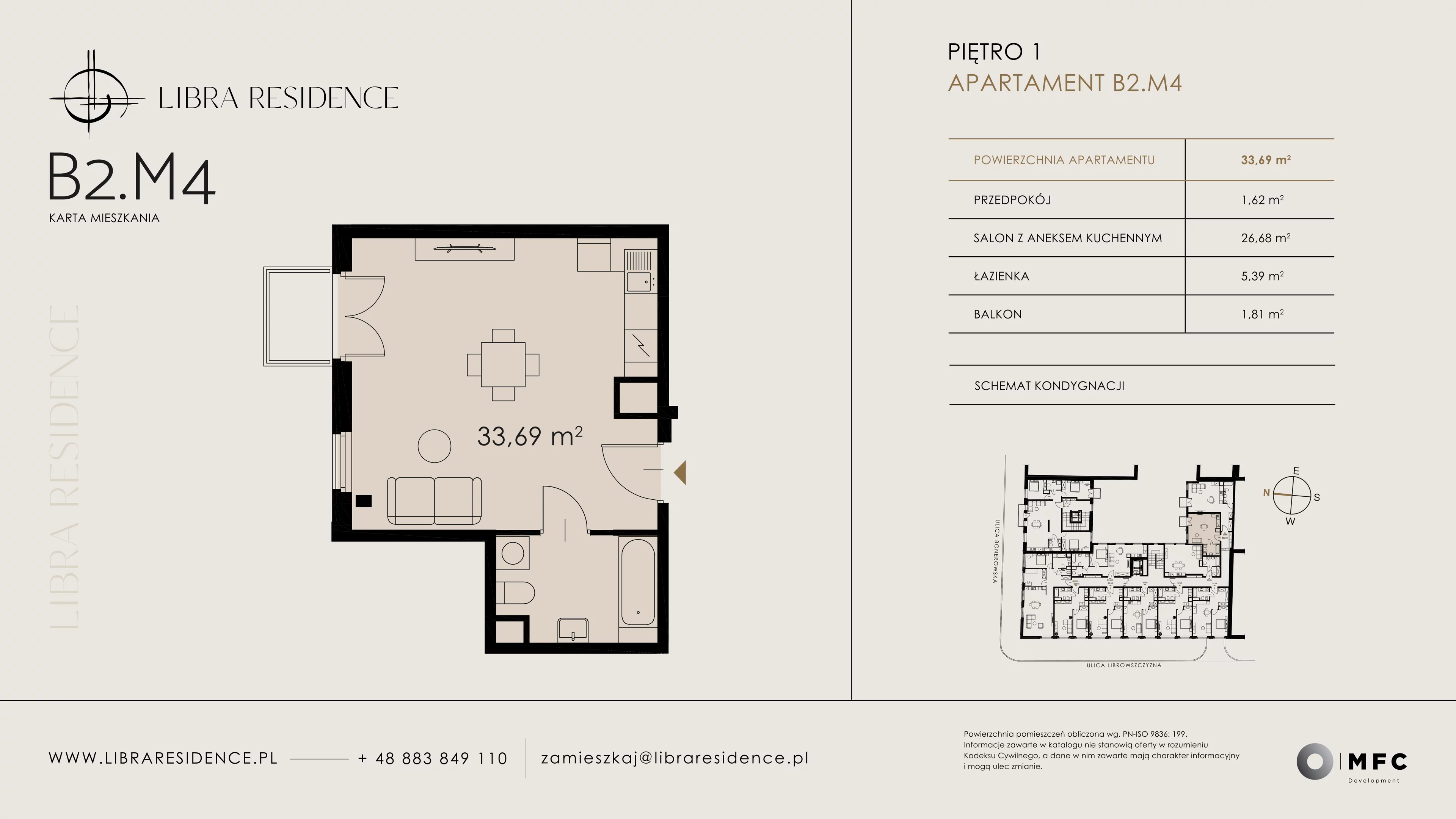 1 pokój, apartament 33,69 m², piętro 1, oferta nr B2.M4, Libra Residence, Kraków, Stare Miasto, ul. Librowszczyzna 3 / Bonerowska 1