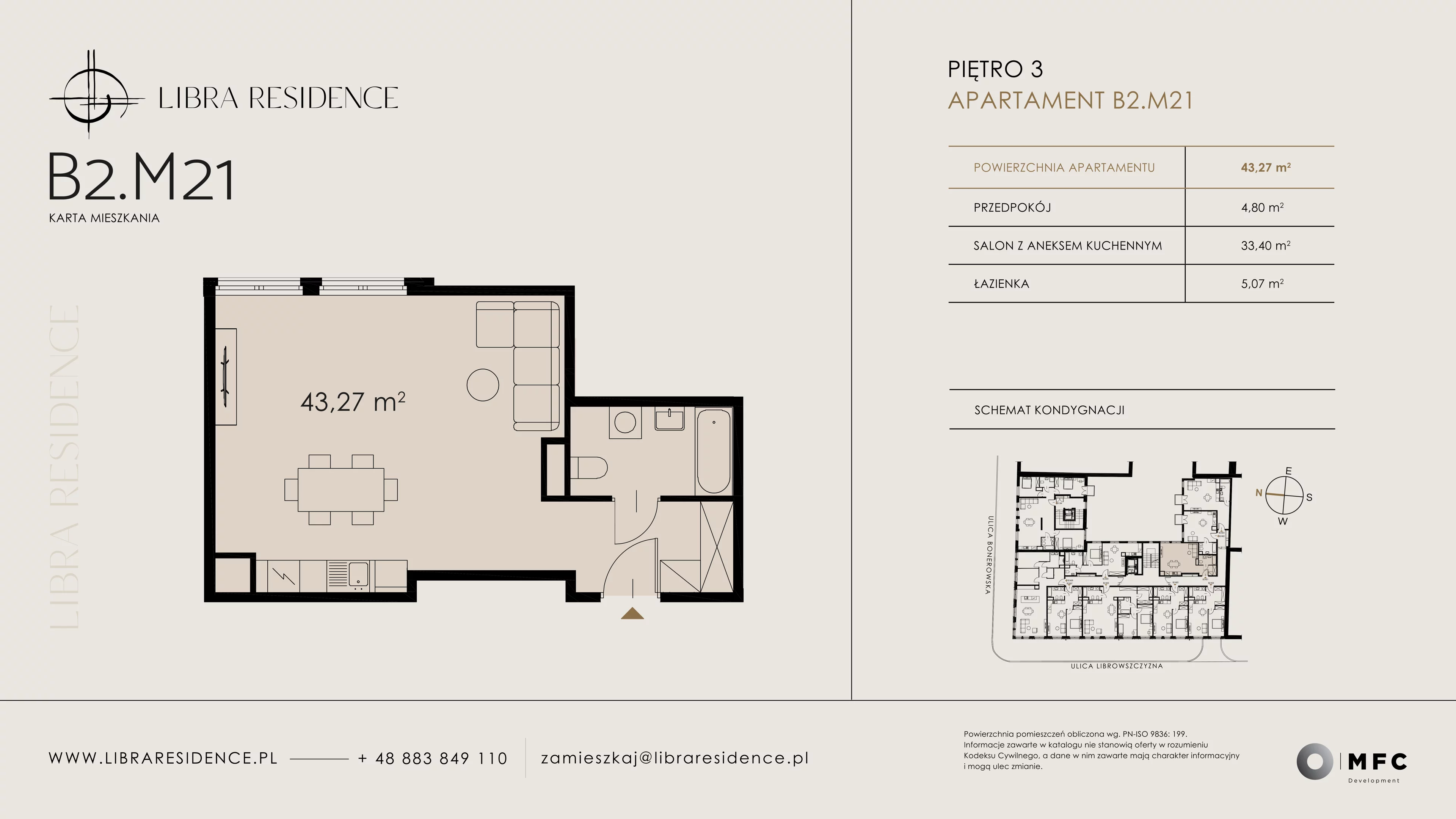 1 pokój, mieszkanie 43,27 m², piętro 3, oferta nr B2.M21, Libra Residence, Kraków, Stare Miasto, ul. Librowszczyzna 3 / Bonerowska 1