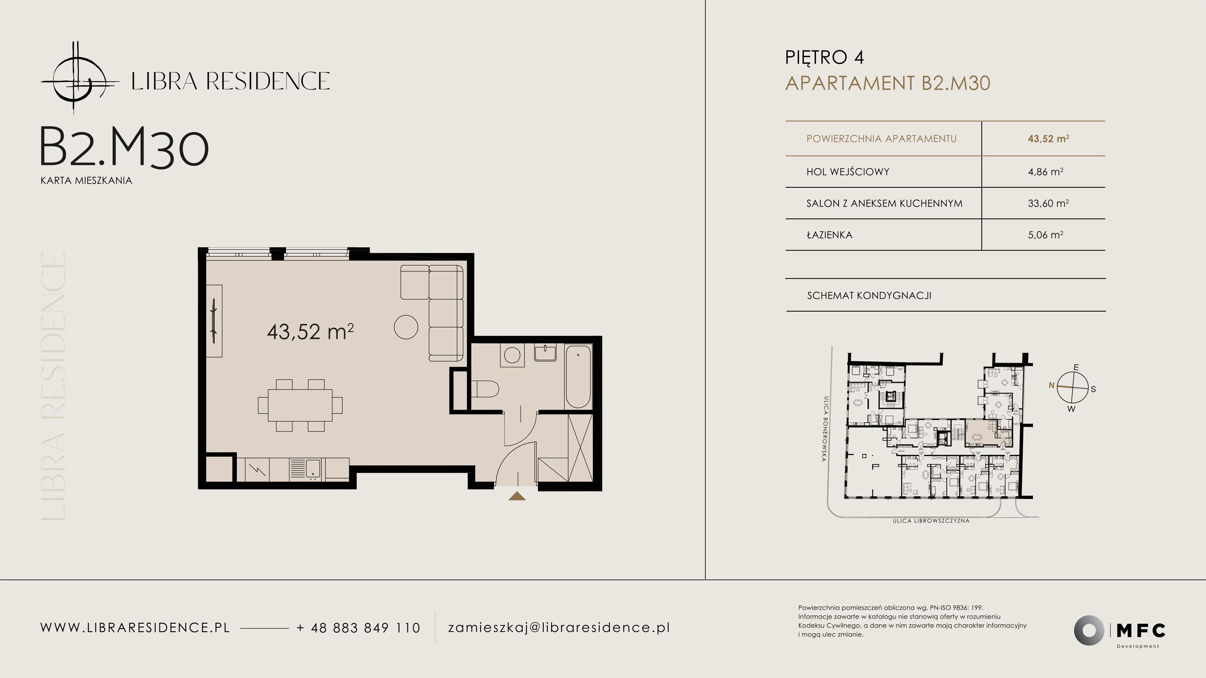 1 pokój, mieszkanie 43,52 m², piętro 4, oferta nr B2.M30, Libra Residence, Kraków, Stare Miasto, ul. Librowszczyzna 3 / Bonerowska 1