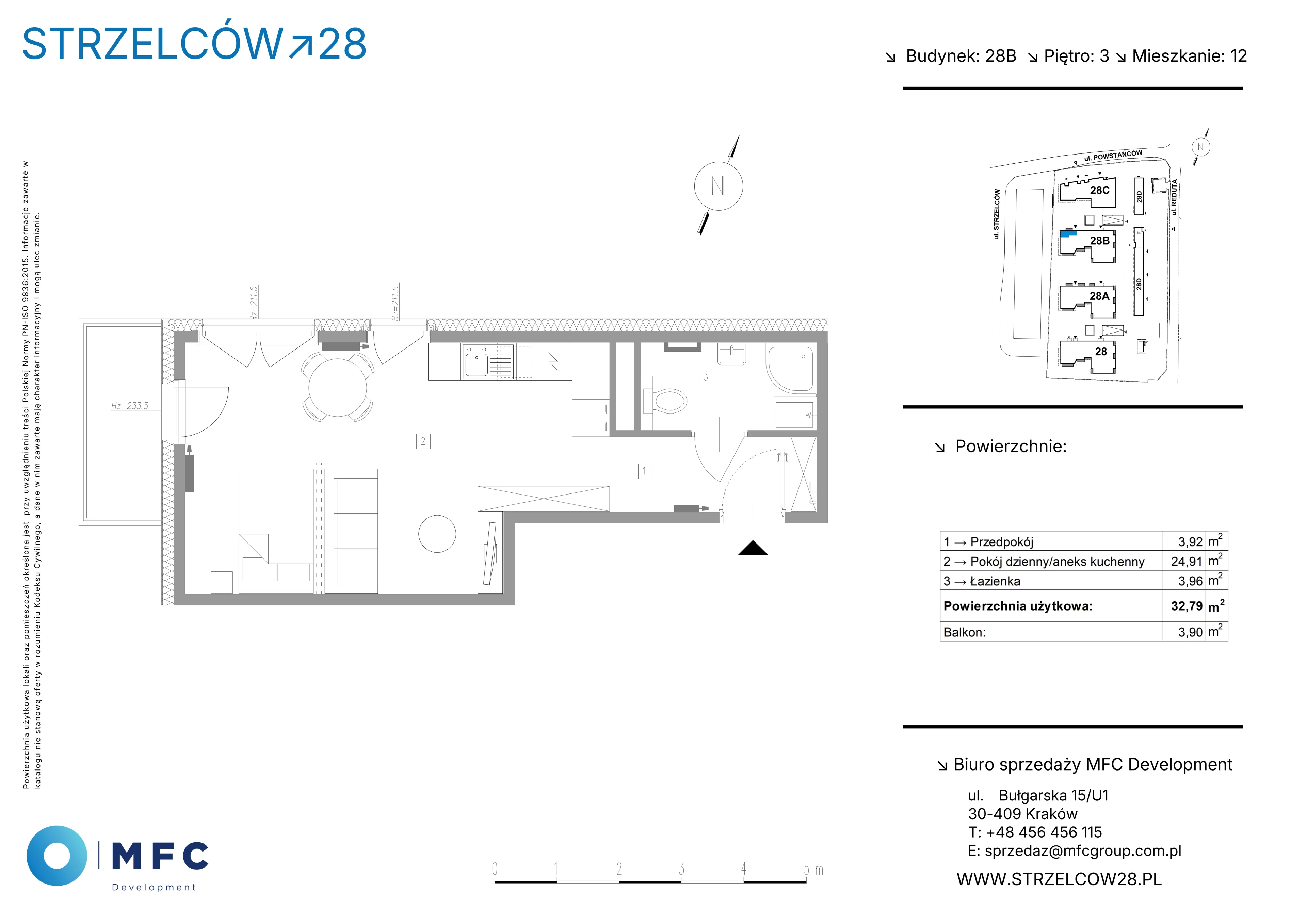 1 pokój, mieszkanie 32,79 m², piętro 3, oferta nr 12B, Strzelców 28, Kraków, Prądnik Czerwony, ul. Strzelców 28