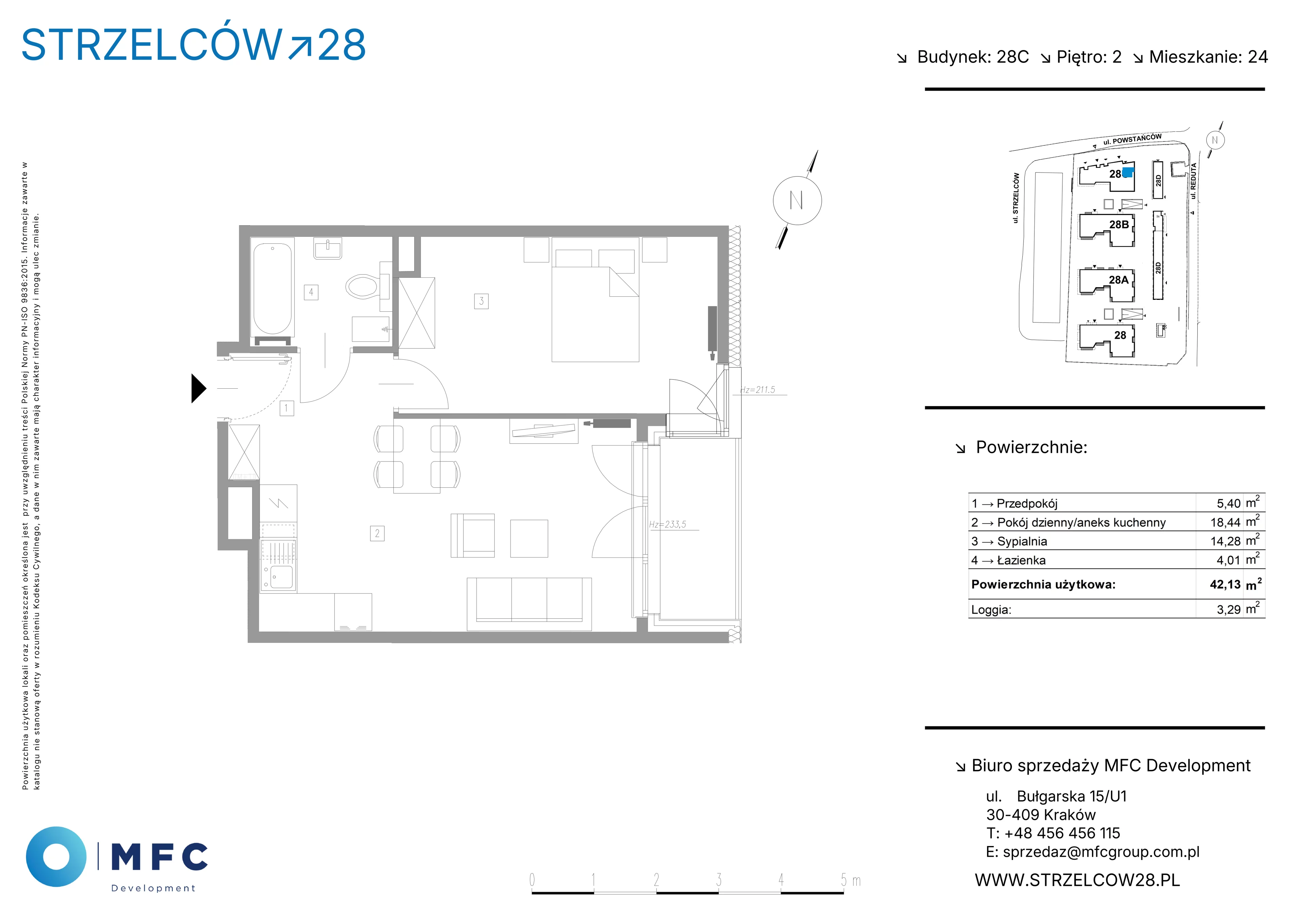 2 pokoje, mieszkanie 42,13 m², piętro 2, oferta nr 24C, Strzelców 28, Kraków, Prądnik Czerwony, ul. Strzelców 28