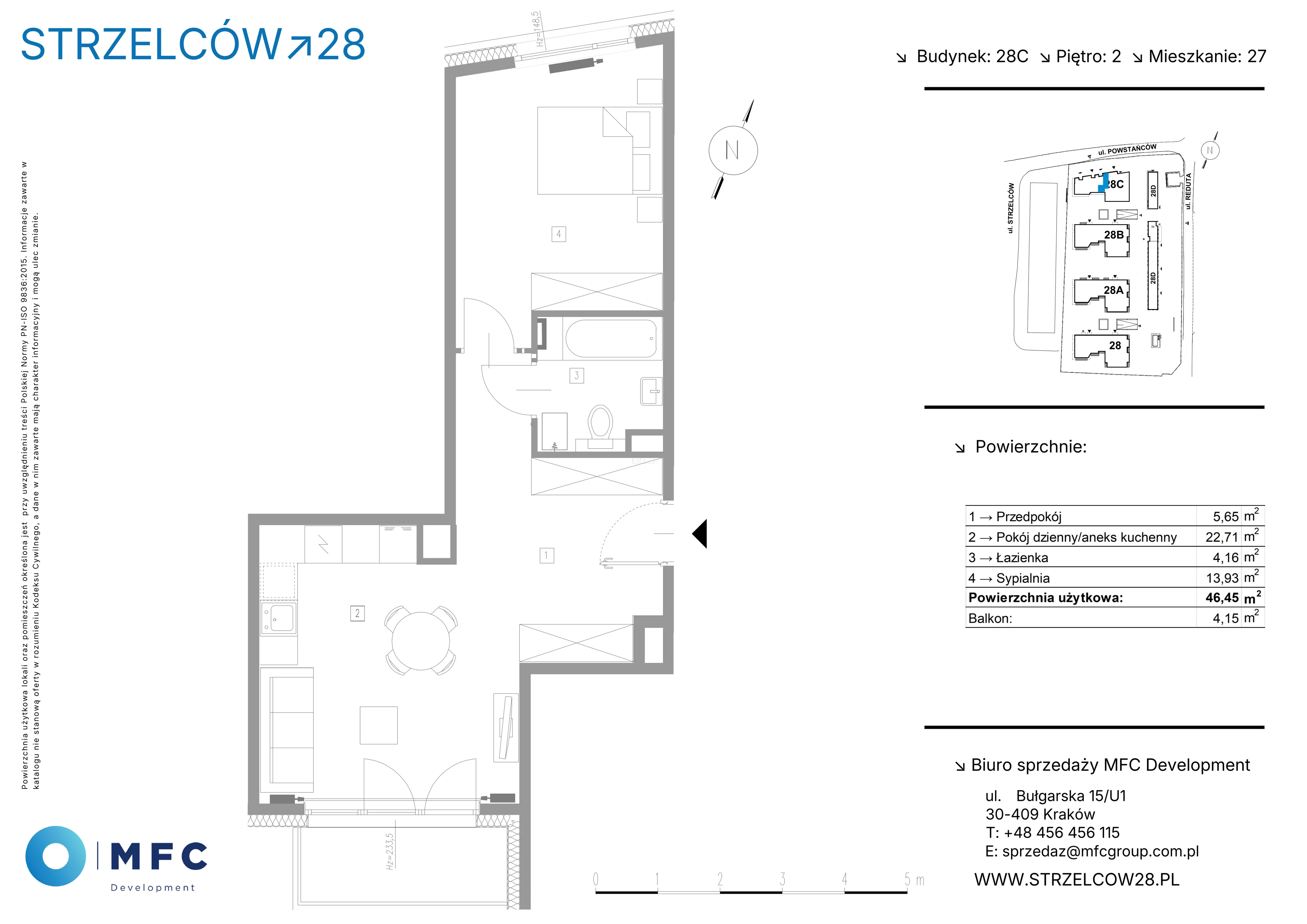 2 pokoje, mieszkanie 46,45 m², piętro 2, oferta nr 27C, Strzelców 28, Kraków, Prądnik Czerwony, ul. Strzelców 28