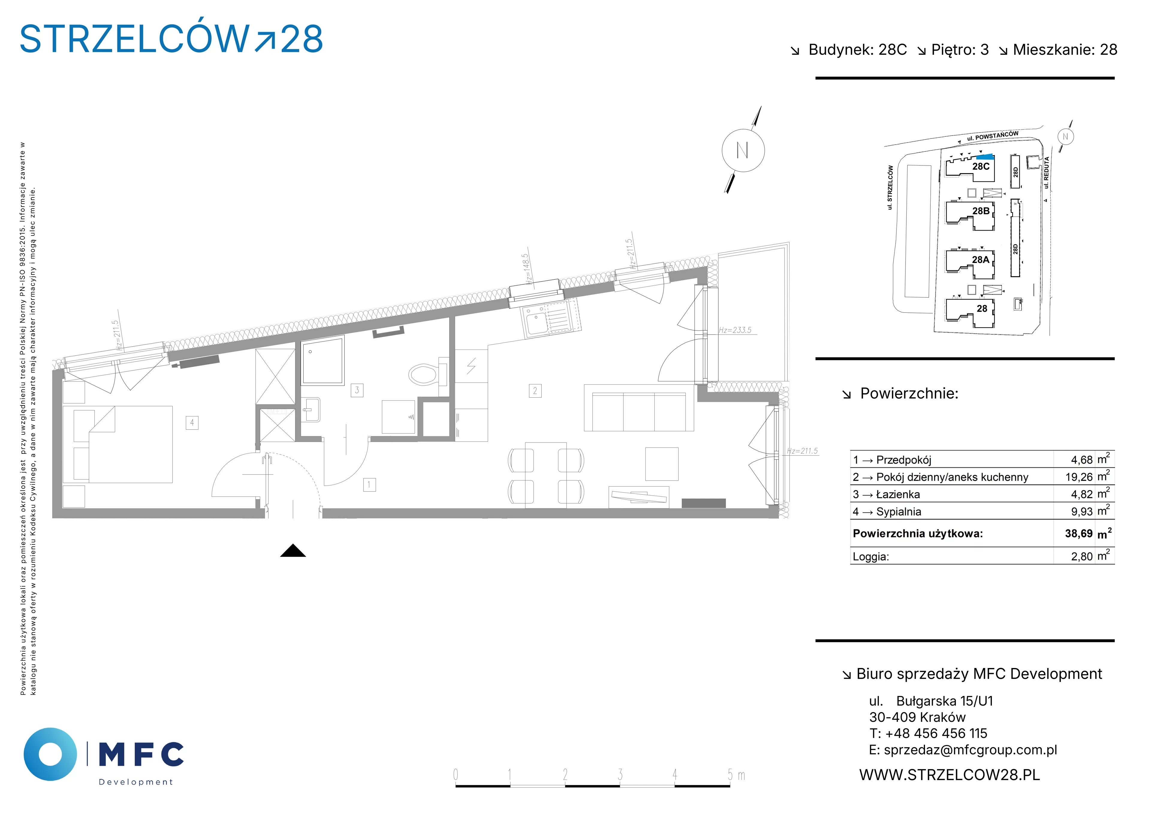 2 pokoje, mieszkanie 38,69 m², piętro 3, oferta nr 28C, Strzelców 28, Kraków, Prądnik Czerwony, ul. Strzelców 28