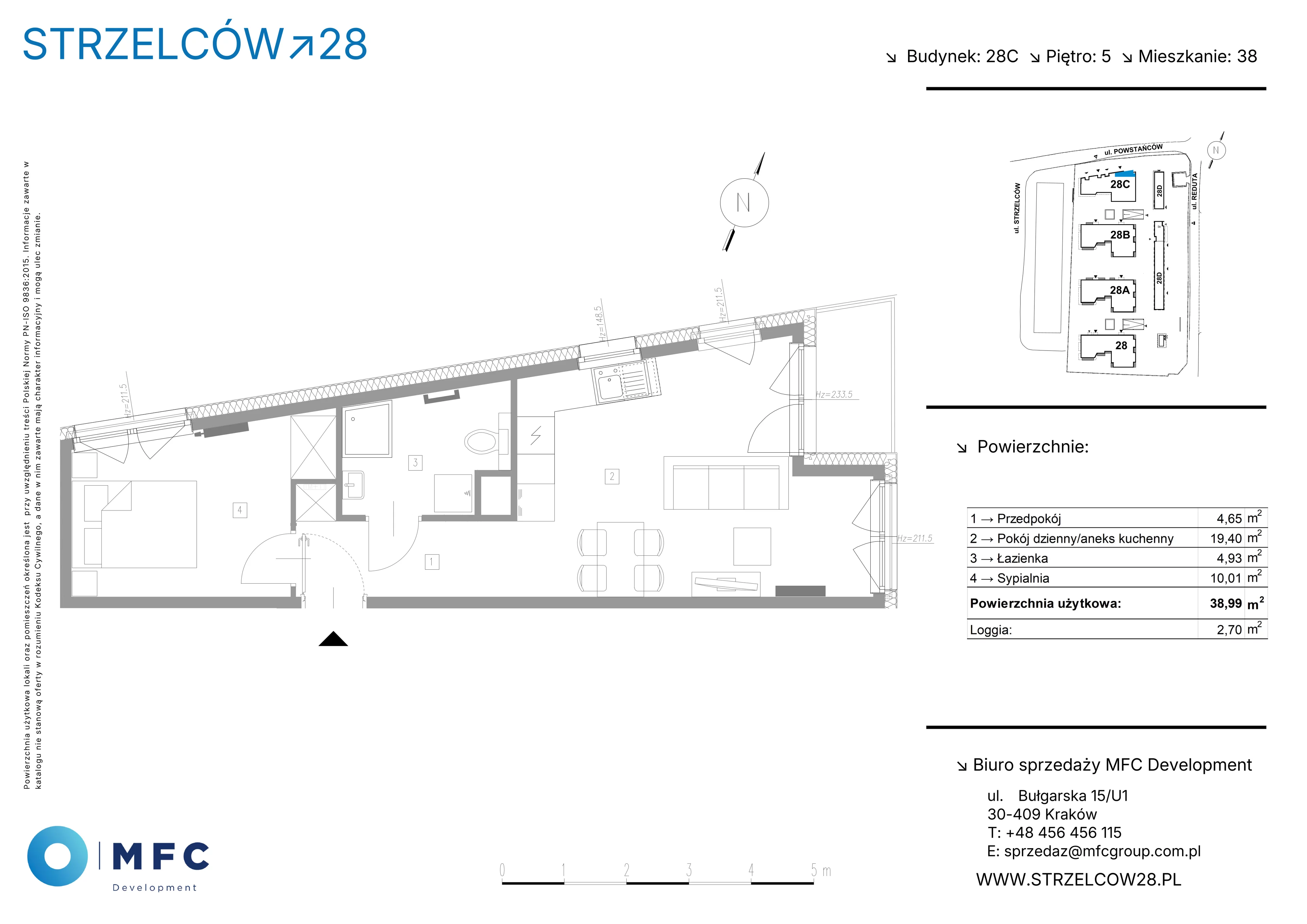 2 pokoje, mieszkanie 38,99 m², piętro 5, oferta nr 38C, Strzelców 28, Kraków, Prądnik Czerwony, ul. Strzelców 28